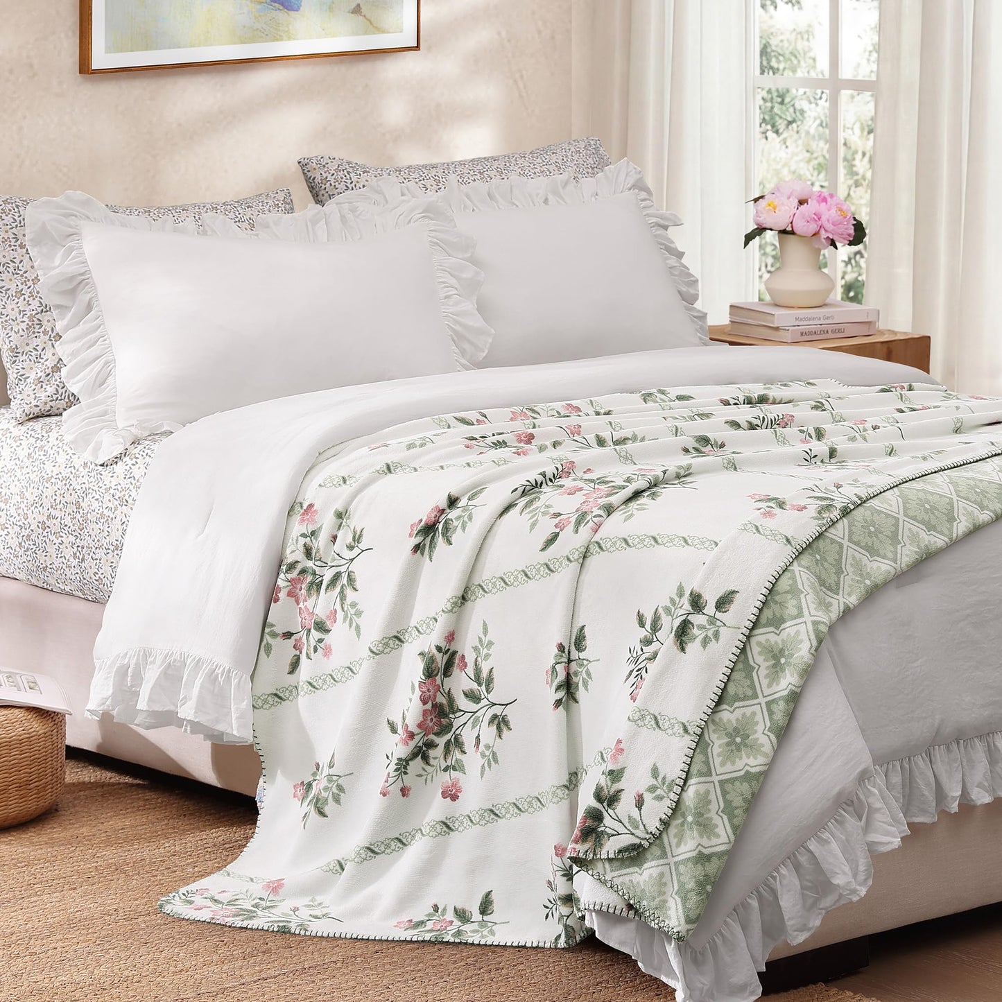 Floral Reversible Throw Blanket, Coco Flannel Bed Blankets for Women Gifts