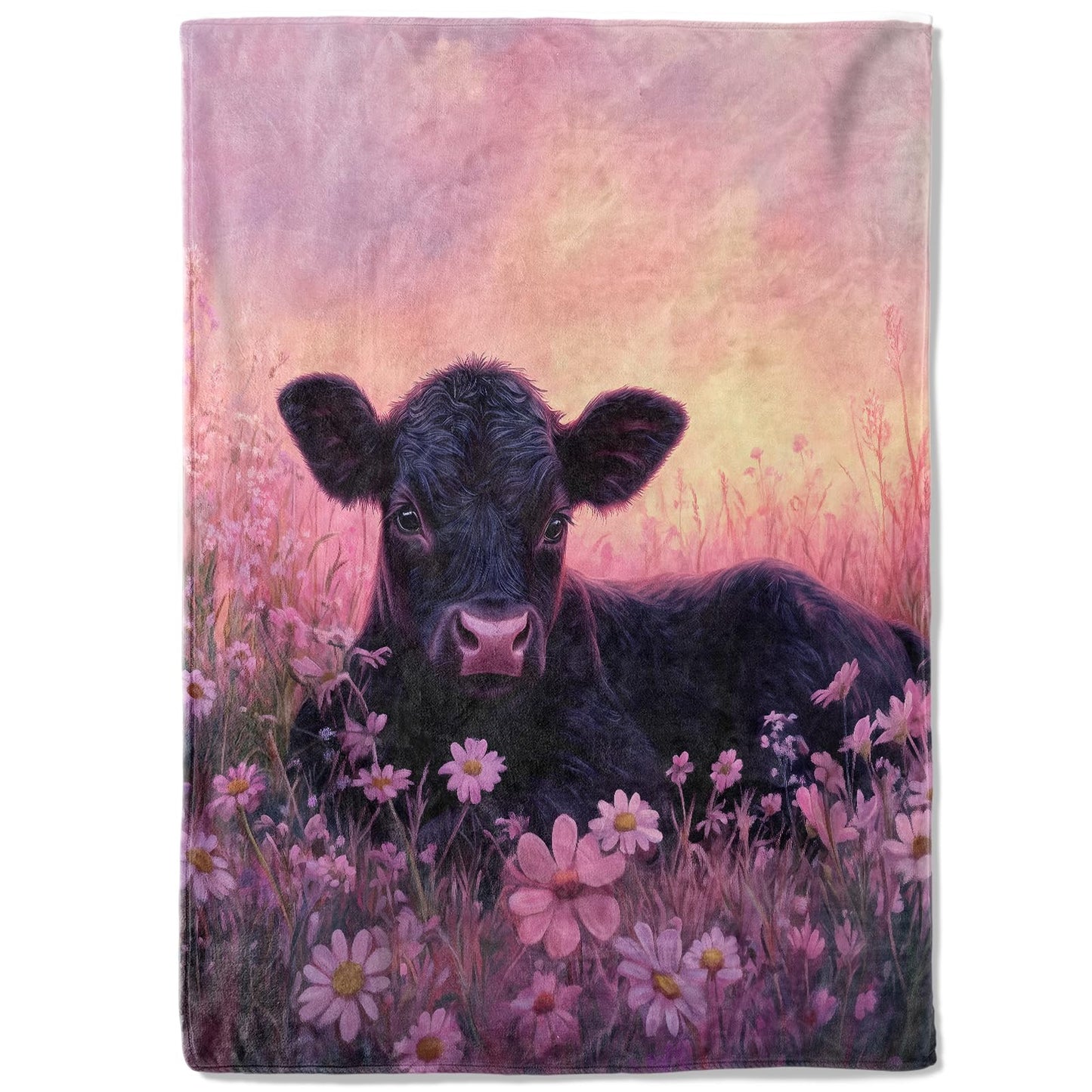 coedoaes Cute Cow Flower Fleece Blanket,50x60in,Black Calf with Sunset and Pink Floral Throw Blankets,Soft Lightweight Country Throws for Bedroom Picnic Farmhouse Decor,Girls Farm Animal Lovers Gifts