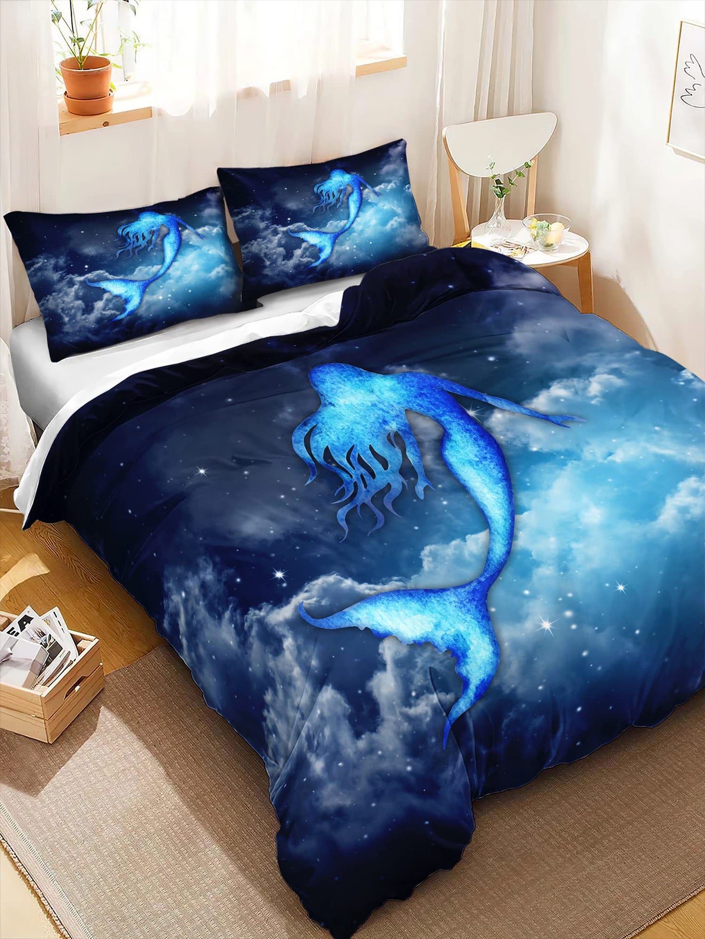 CVHOUSE Mermaid Duvet Cover Queen Size,Sky Cloud Bedding Set for Girls Kids Teens,Mermaid Comforter Cover,1 2 Pillowcases 3 Piece Queen 89'x89'