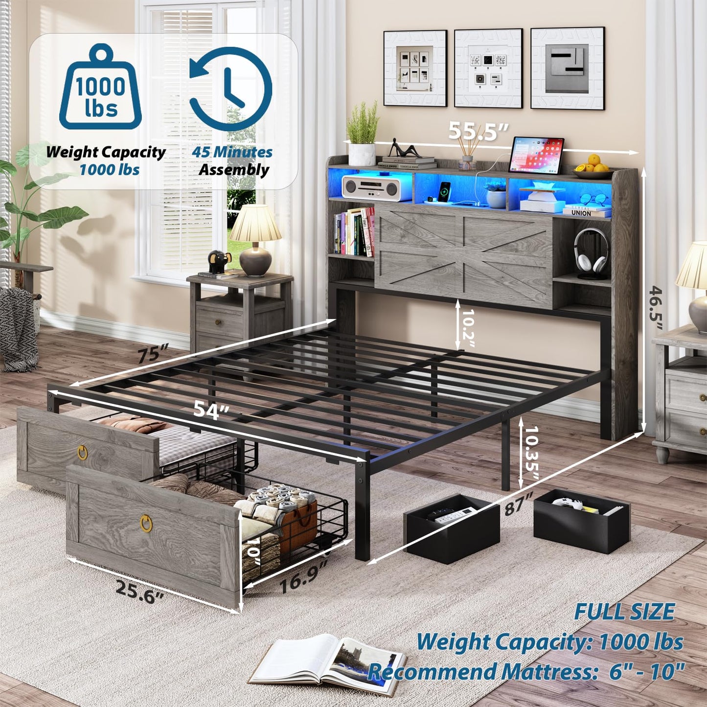 TIGUBFRE Full Bed Frame with Storage Headboard, Farmhouse Wood Bed Frame Full Size with 4 Drawers, LED Light & Charging Station, Metal Slats Support, Noise Free, No Box Spring Needed, Rustic Gray