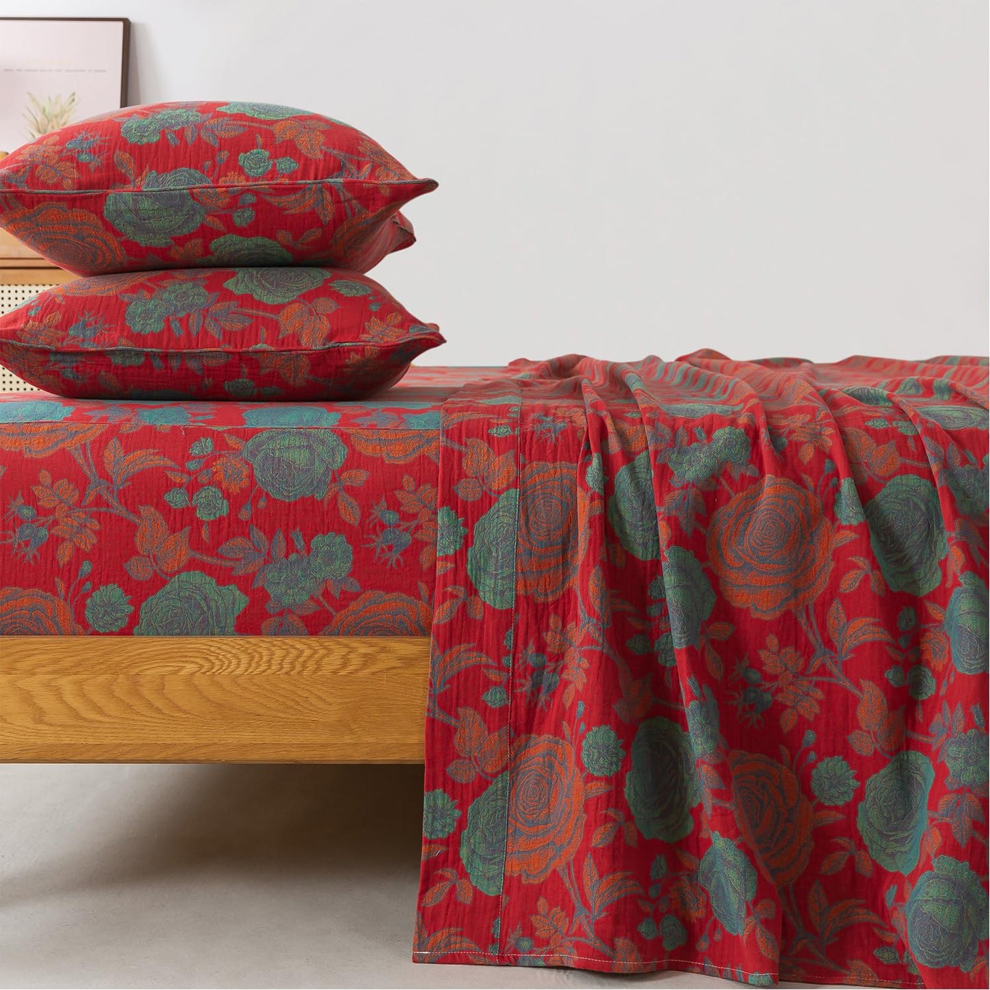 FADFAY Double Gauze 100% Cotton King Sheets Set Floral Bed Sheets Deep Pocket Fitted Sheet, Luxury Rose Pattern Shabby Vintage Countryside Style Bedding 4Pcs