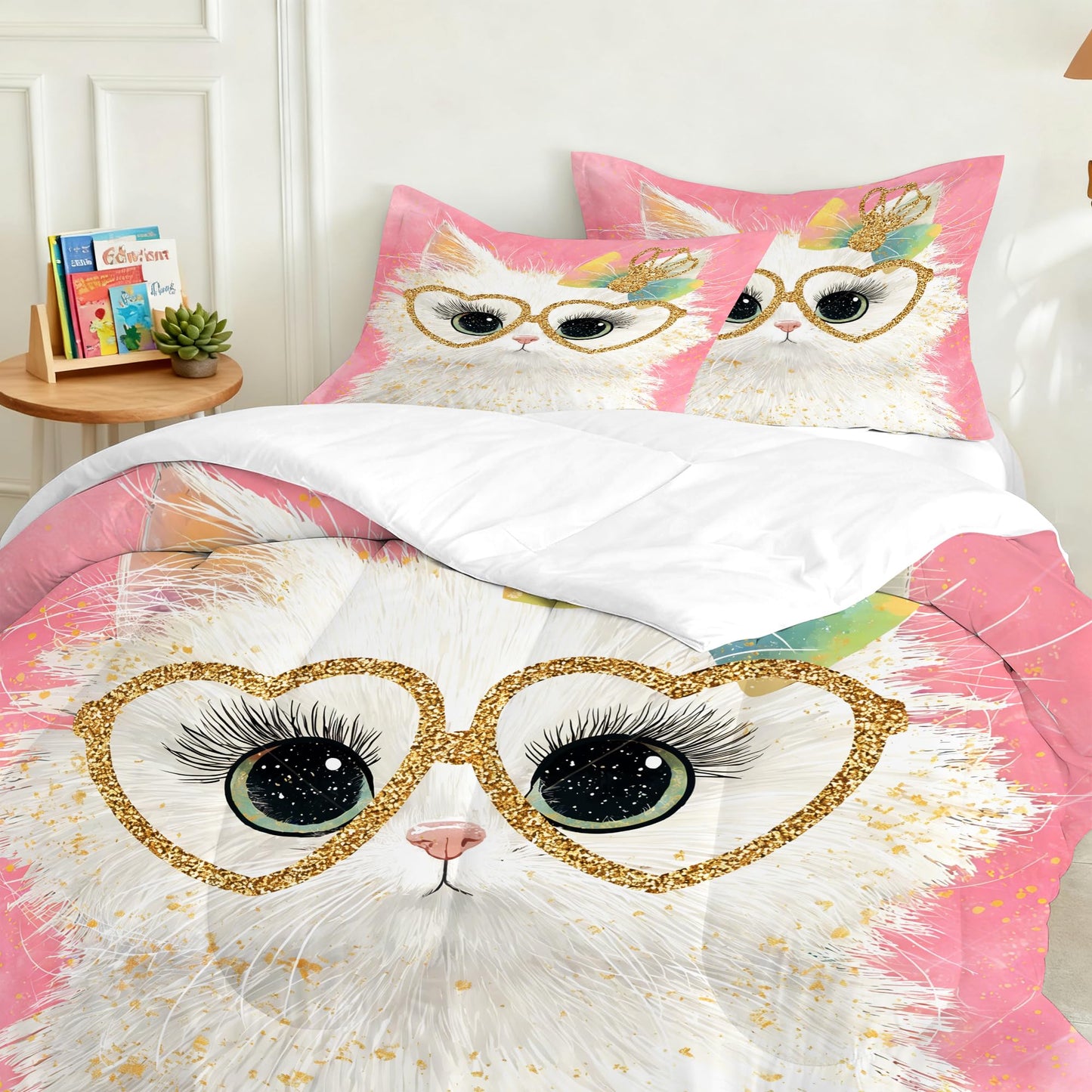 VTKON Cute White Cat Bedding Set Twin Size Pink Glitter Heart Glasses & Rainbow Bow Comforter Set Kawaii Cat Print Bed Set for Girls Bedroom Kitten Toddler Quilt Set with 1 Comforter + 1 Pillowcase