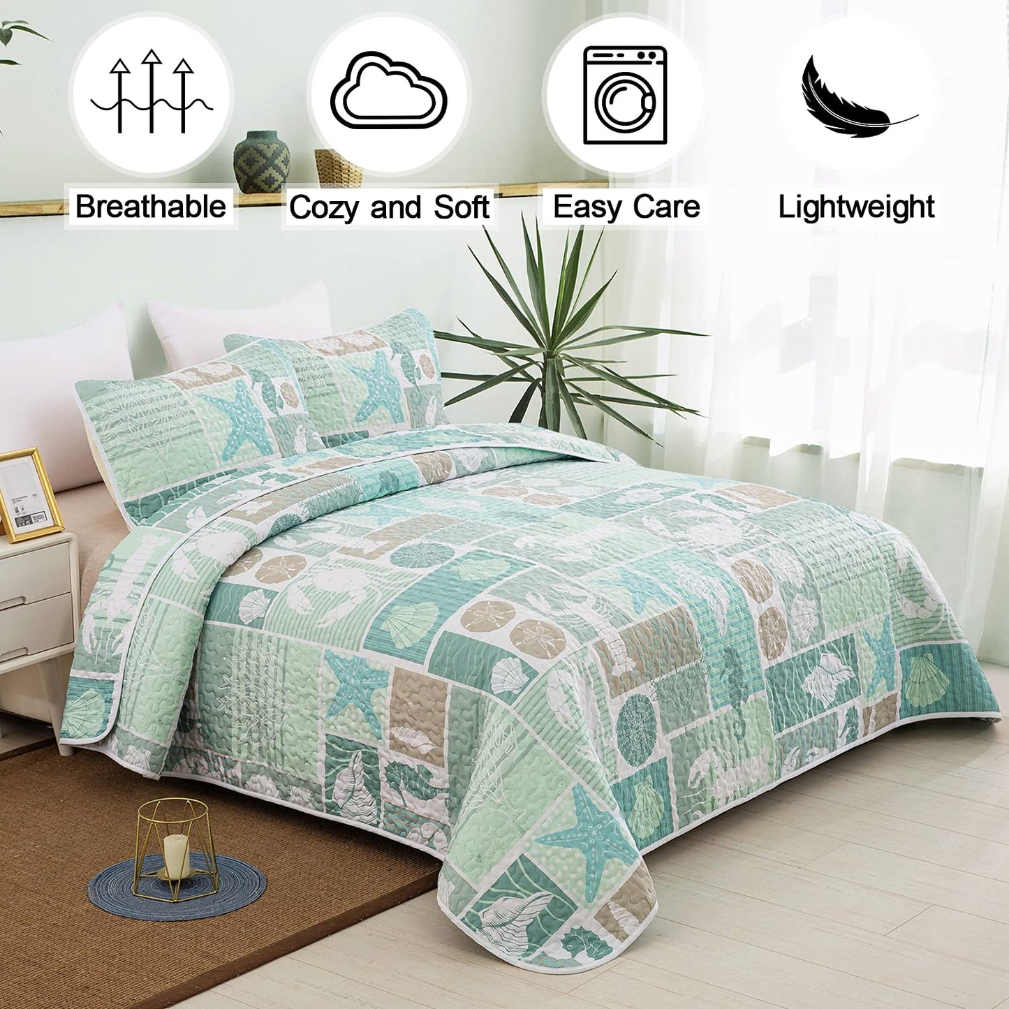 DJY 3 Pieces Quilt Set King Coastal Green Theme Quilt Coverlet Set Beach Reversible Bedspread with 2 Pillow Shams Soft Microfiber Coastal Bedding Quilt Set for All Season 104"x90"