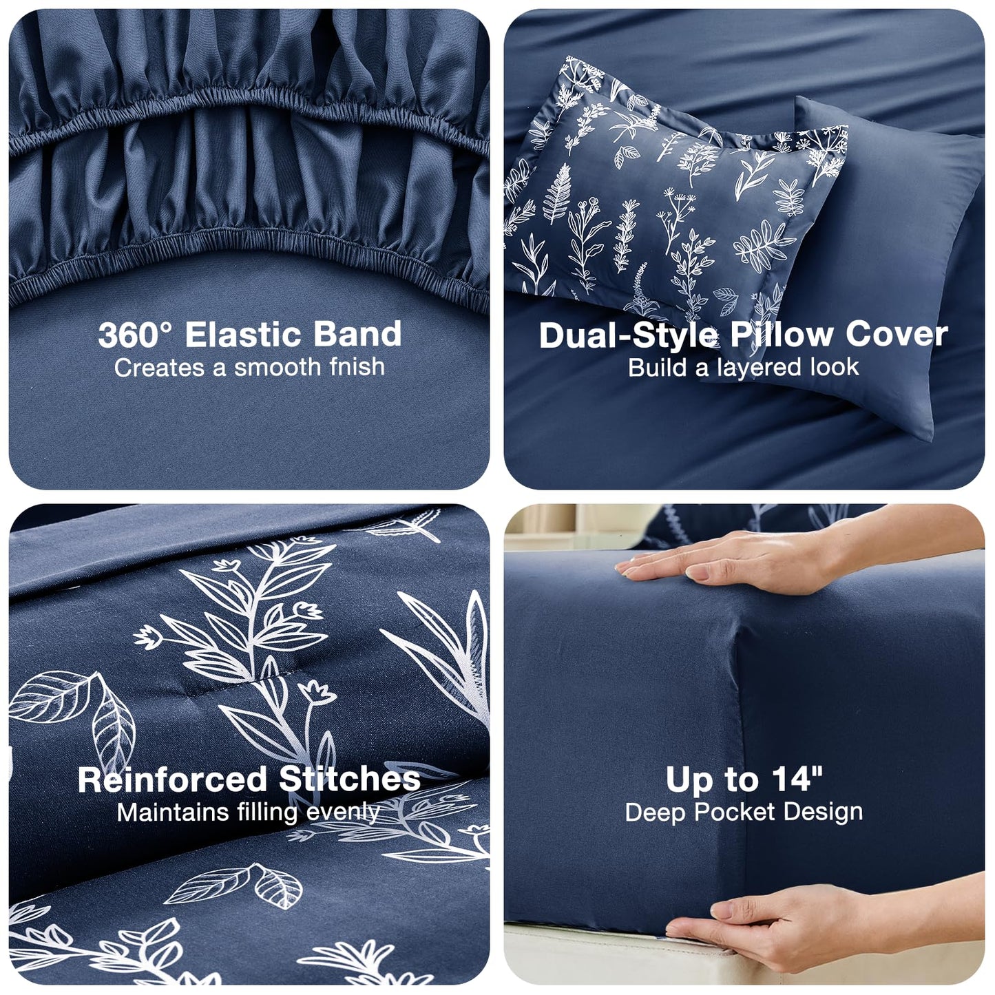 MUXHOMO Navy Blue Bed in a Bag Queen 7 Pieces, Queen Comforter Set Reversible Botanical Flowers Design, Ultra Soft & Breathable Bedding Sets with Comforter, Sheets, Pillowcases & Shams