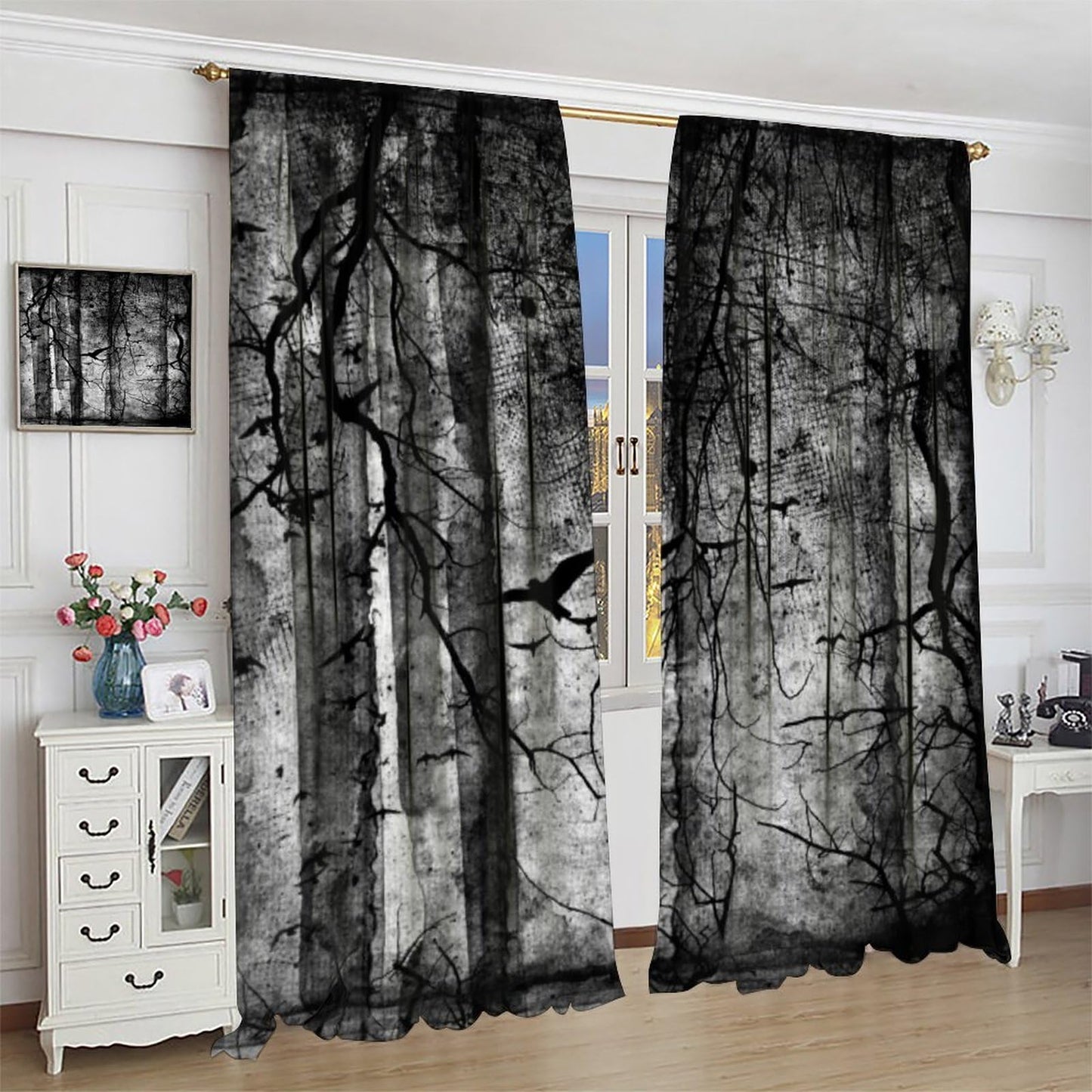 Gothic Crow Curtains,Abstract Black Birds Raven Dark Halloween Window Treatments for Bedroom Living Room Kitchen Window Drapes 2 Panel Set,Total Size 42 x 45 Inch