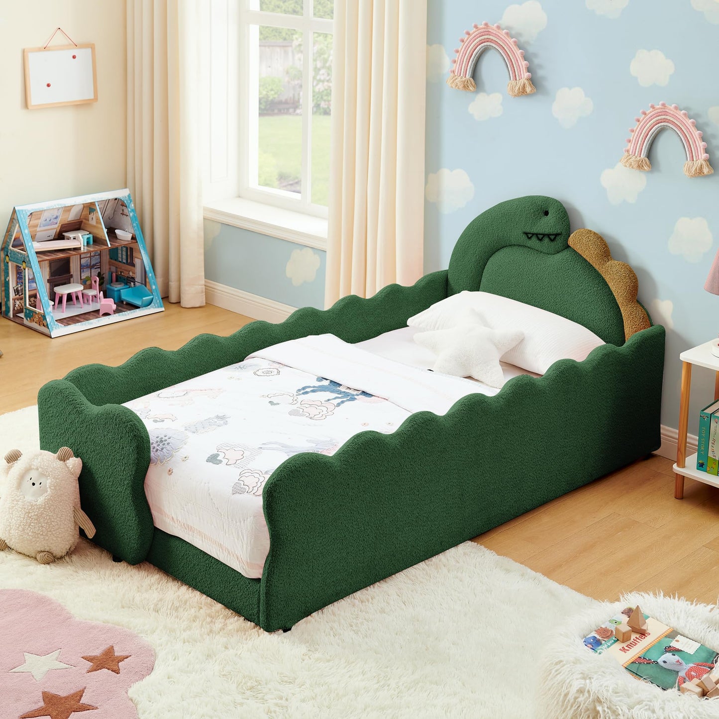 KEIKI Twin Size Upholstered Platform Bed Frame with Cute Dinosaur-Shaped Headboard, for Boys and Girls, Boucle Bed with Thickened Guardrail and Slats, No Box Spring Required, Easy Assembly, Green