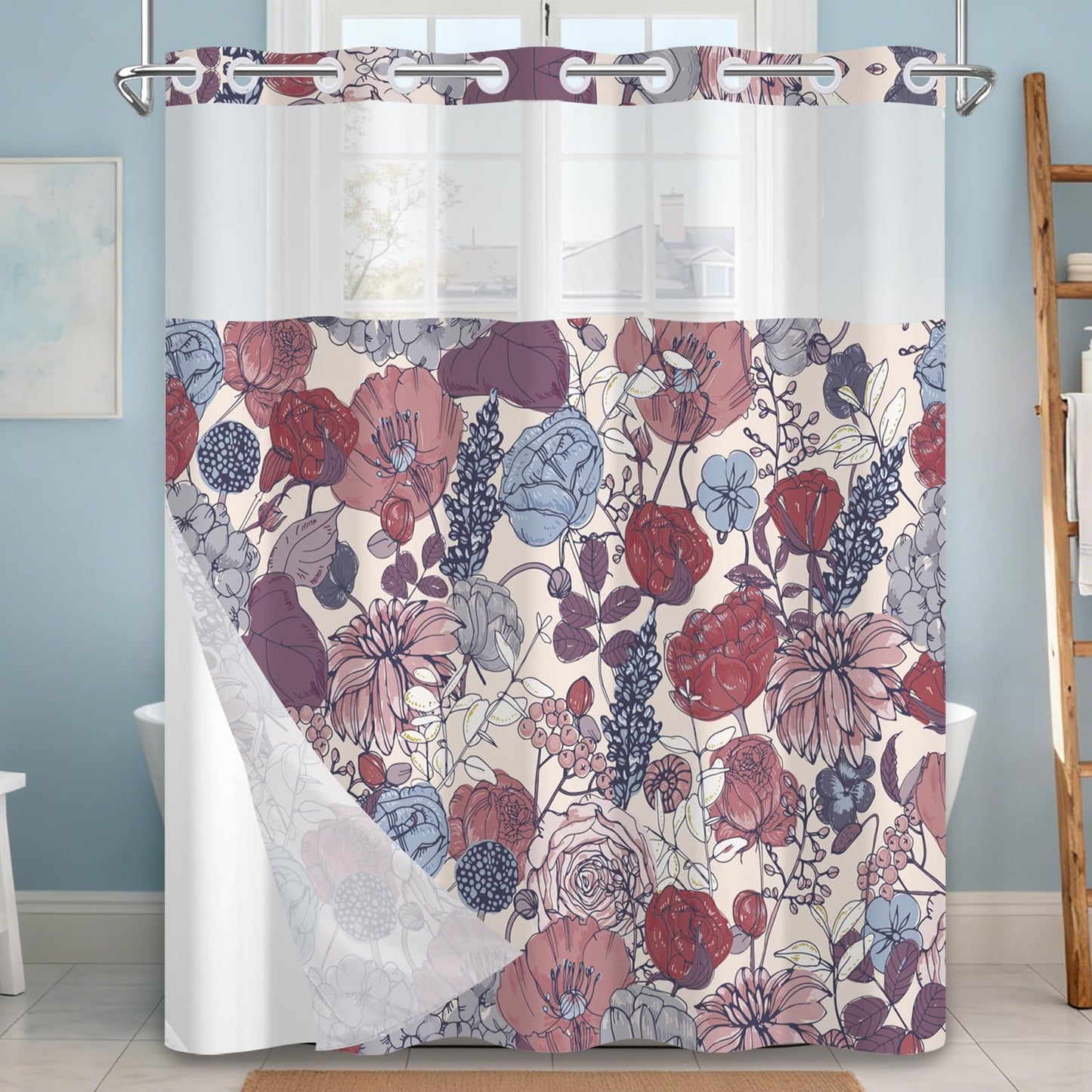 NAEMBCU No Hook Shower Curtain with Snap-in Liner 71x74 Inch