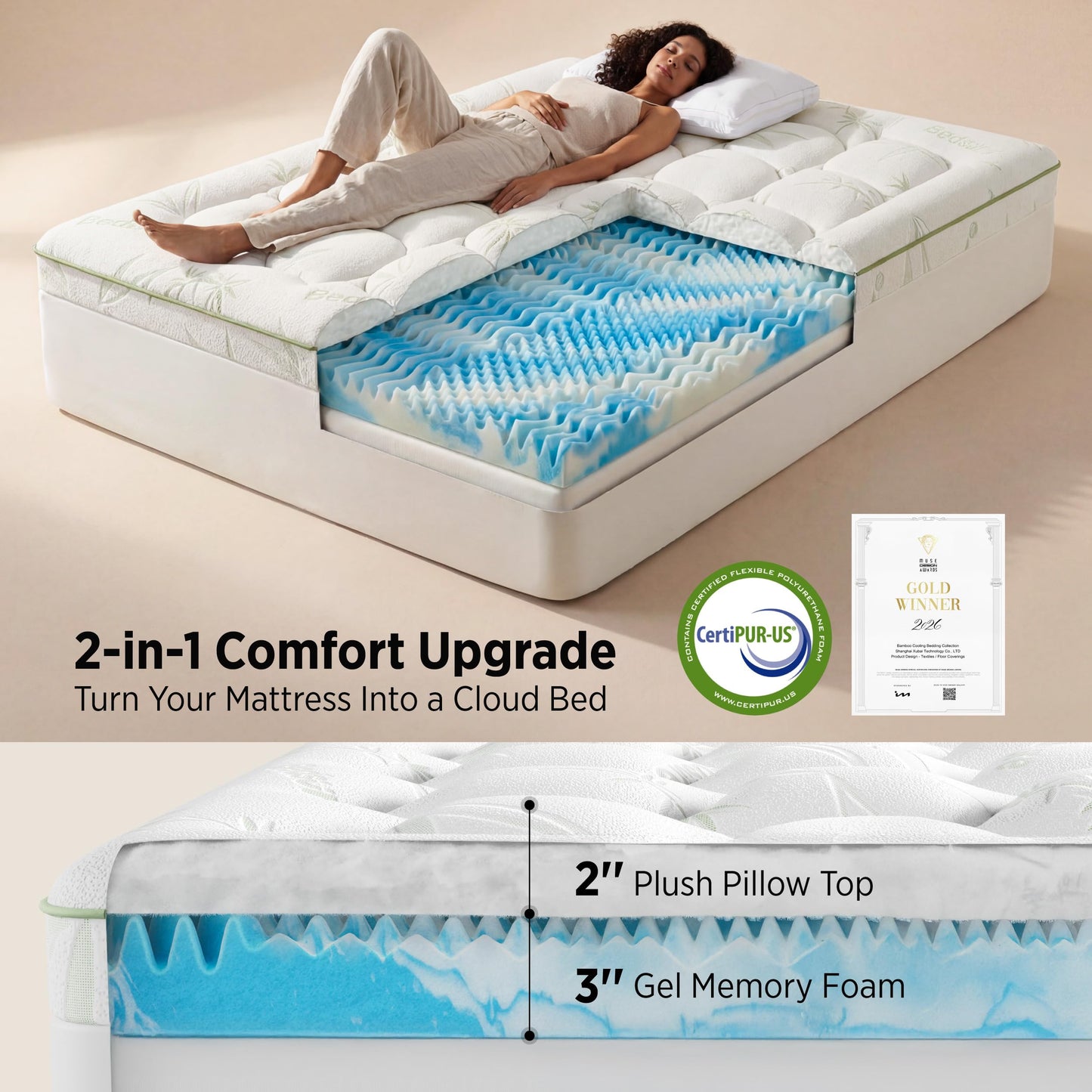Bedsure 2-in-1 Mattress Topper, 5 Inch Memory Foam Mattress Topper Twin XL, 3 Inch Memory Foam + 2 Inch Viscose Made from Bamboo Mattress Topper Pad, Flippable Memory Foam with Dual Comfort, White