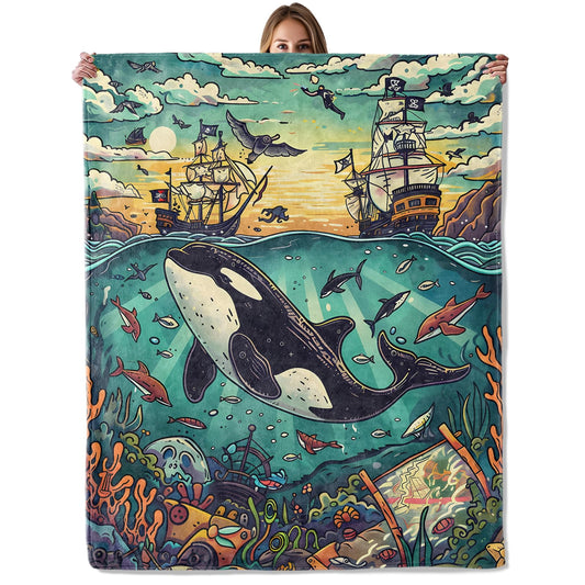 Pirate Whale Ocean Adventure Throw Blanket for Adutls Kids, 50x60 in, Cozy Soft Warm Fleece Blankets Gifts for Couch, Camping, Hiking Decor