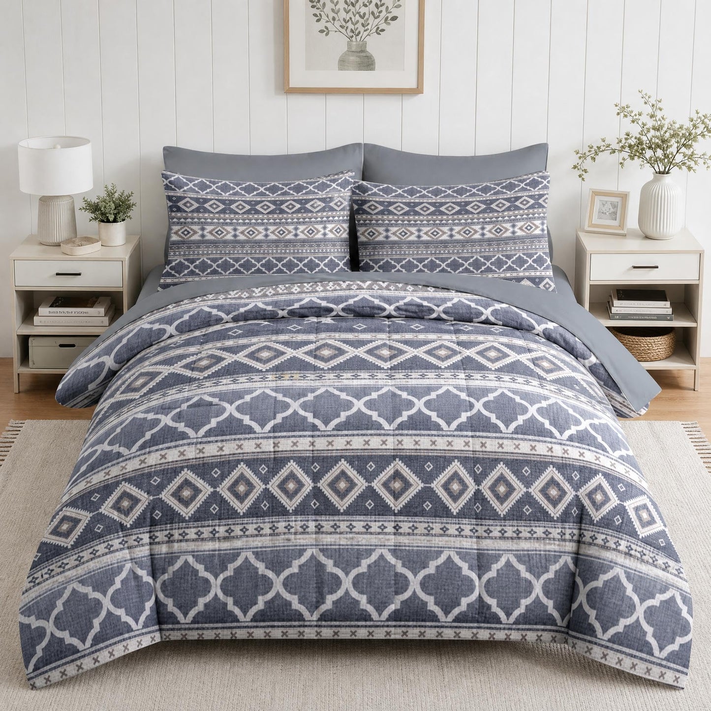 Boewywh Comforter Set Twin Size Boho Aztec Geometric 7 Pcs, Bedding for Kids and Adults, Southwestern Grey Bed Sheet Sets with Fitted Sheet 2 Pillowcases & 2 Shams for Bedroom Bed Decor