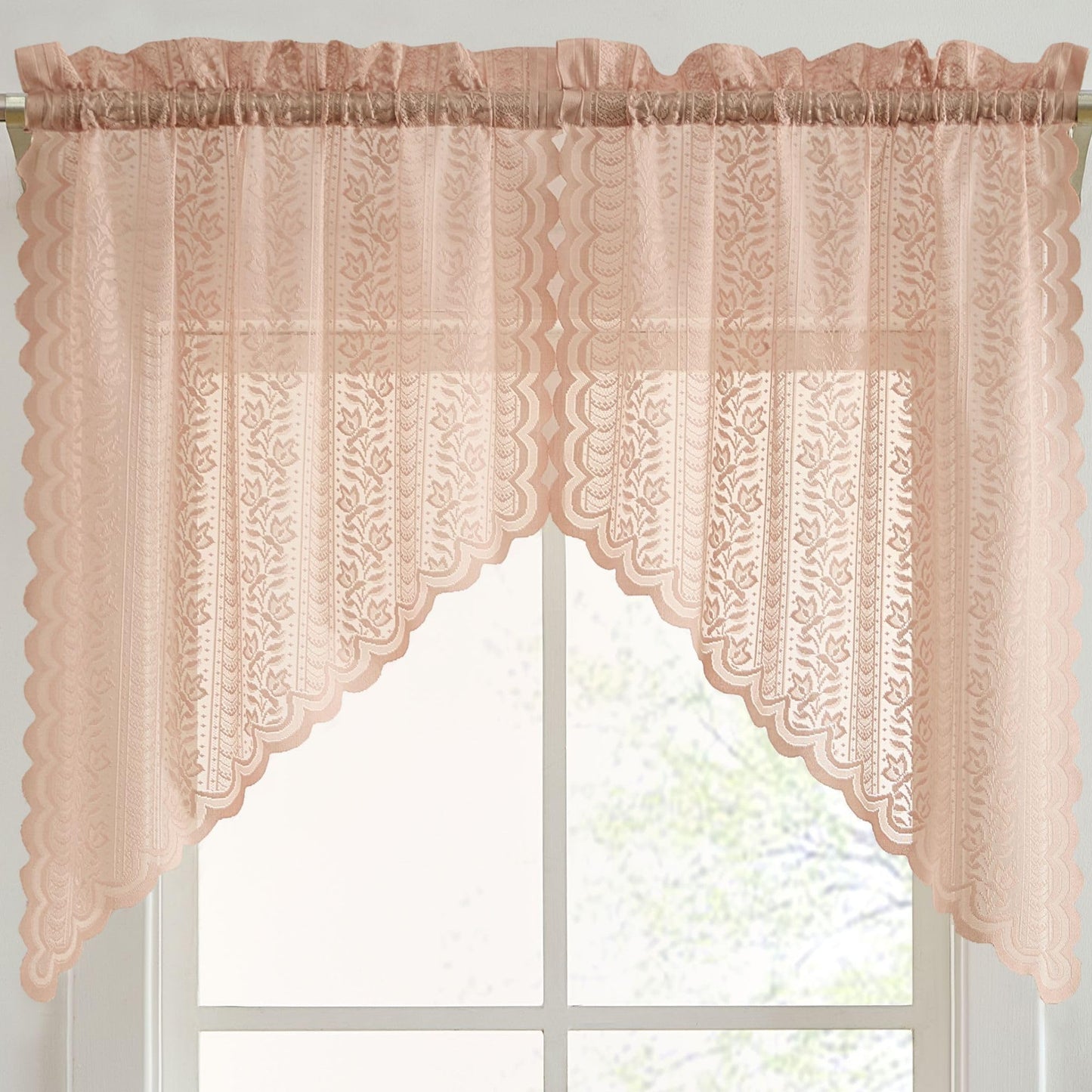 HLC.ME Sophia Floral Rod Pocket Lace Short Cafe Swags for Small Windows - 28 x 36 Inch Length (Blush Pink Swags, Set of 2)