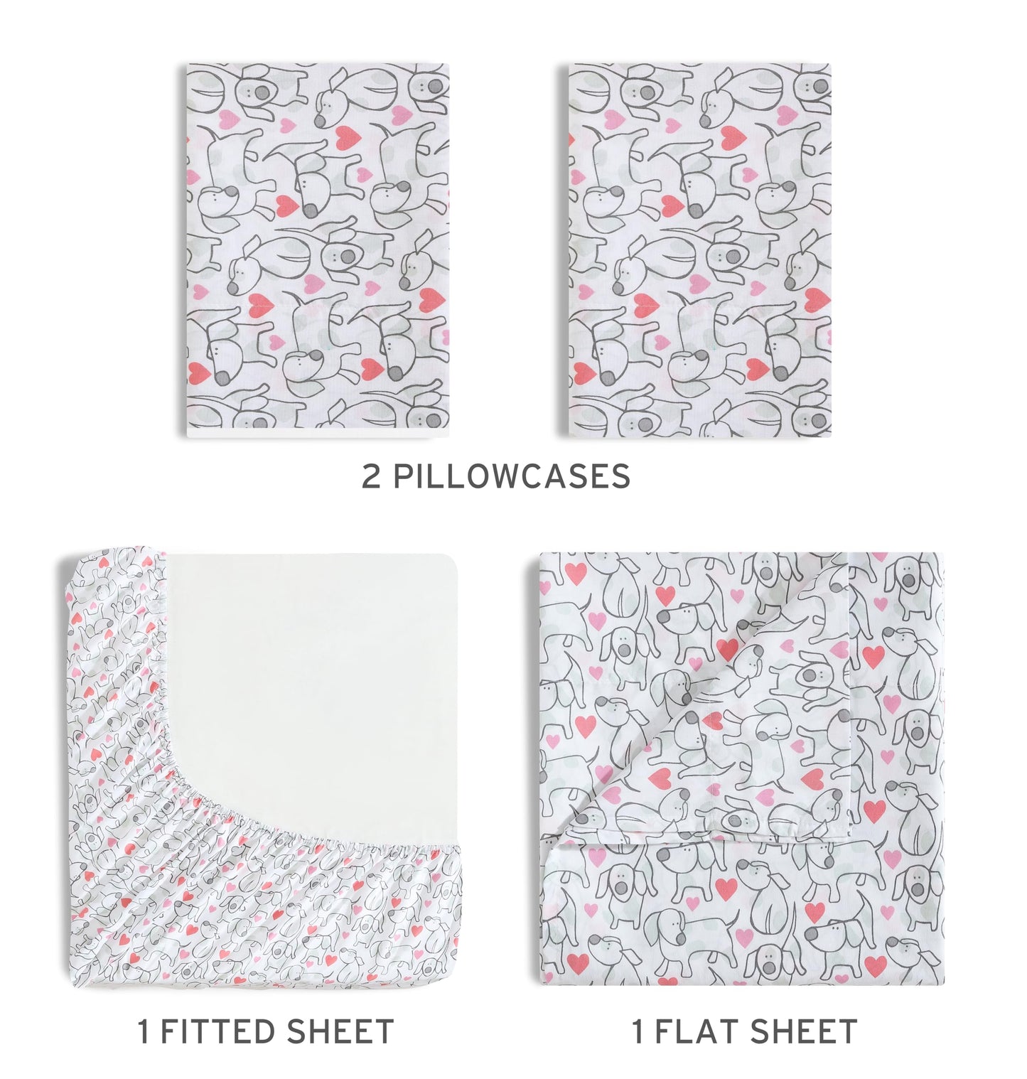Beatrice Home Fashions Printed Microfiber Sheet Set, Soft Comfortable Easy Care, Includes 1 Fitted Sheet with 12" Deep Pockets, 1 Flat Sheet, Pillowcase, Full, Hearts & Hounds
