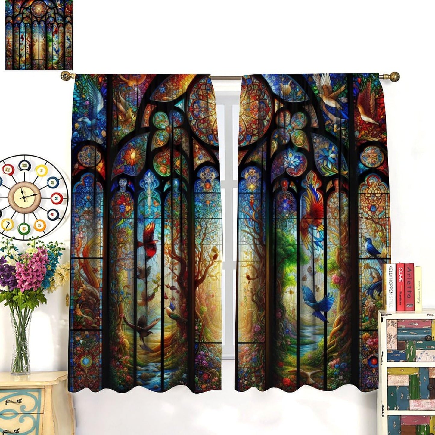 FengMingRui Fantasy Stained Glass Curtains Dream Forest Bird Geometric Patchwork Abstract Window Treatments for Kids Boys Girls Bedroom Living Room Window Drapes 42" W X 45" L