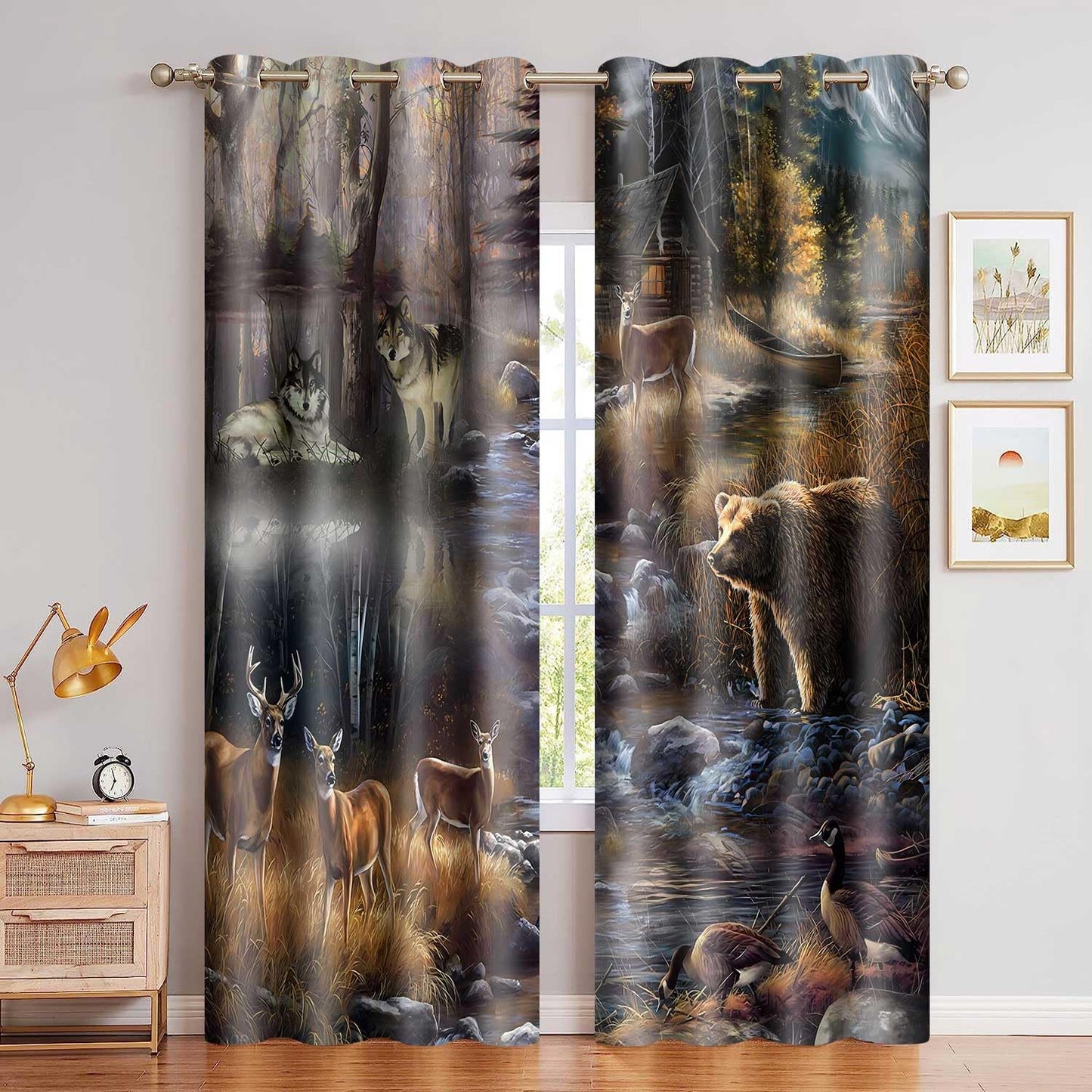 MIZSYE Rustic Lodge Curtains Wildlife Wolf Bear Elk Duck Country Style Blackout Curtain Forest River Nature Landscape Zoo Window Treatments for Bedroom Living Room 2 Panel 52x84inch CLDWMS0281