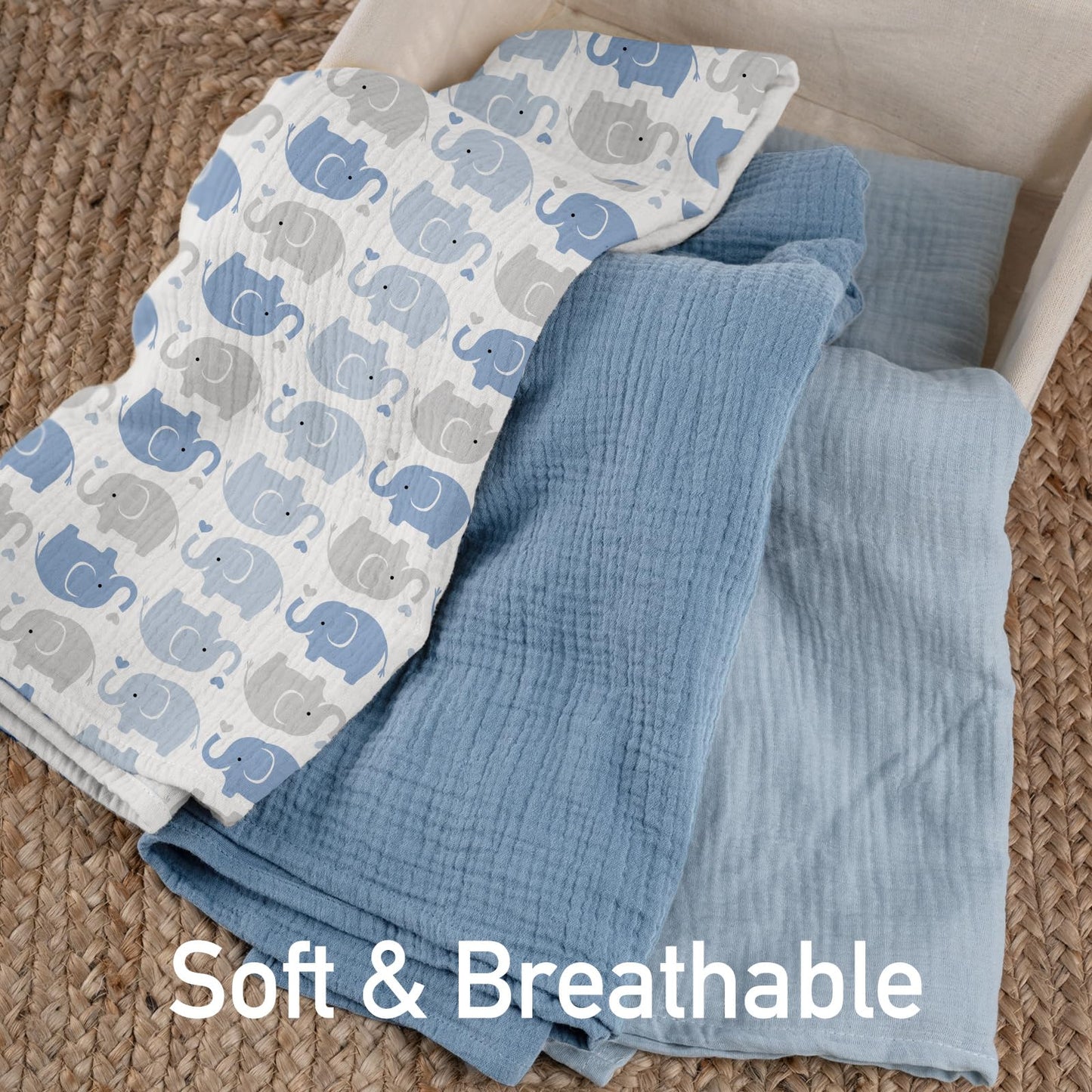 Muslin Swaddle Blankets for Newborn, 3-Pack Cotton Receiving Blankets, Large 40 x 38 inches, Baby Blankets for Boys and Girls, Wrap Burp Cloths, Registry Essentials, Shower Gifts, Elephant & Blue