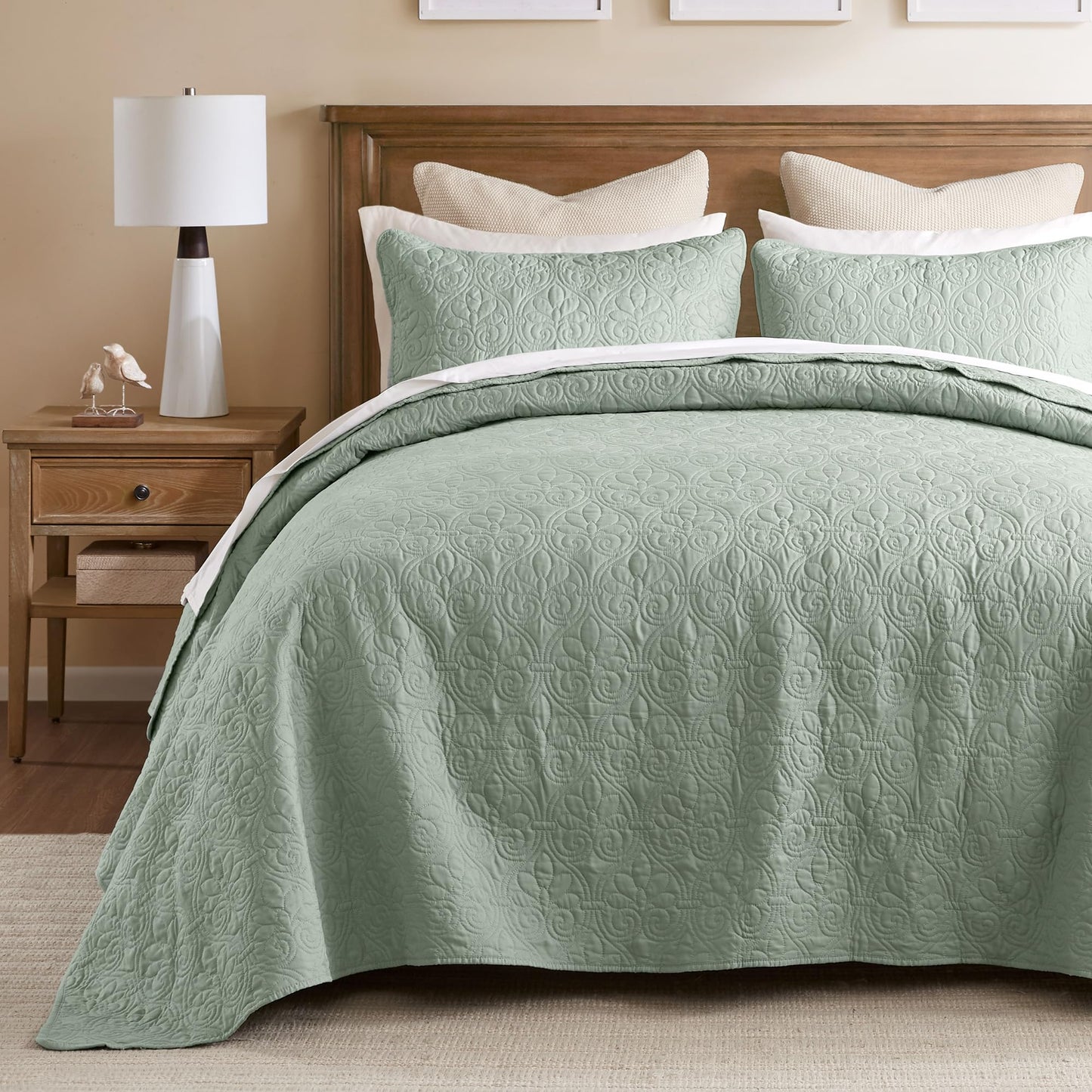 Madison Park Quebec Reversible Quilt Set Damask Design, Double Sided Stitching All Season, Lightweight Bedspread Bedding Set, Matching Sham, Seafoam, Full(96"x110") 3 Piece