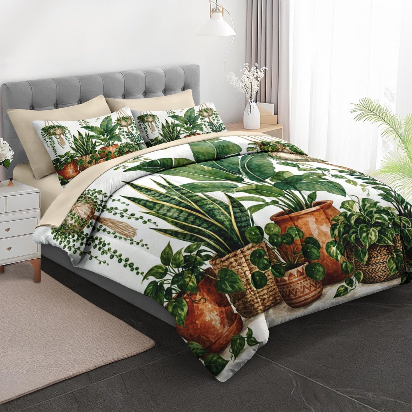 Boewywh Comforter Set Twin Size Plant Boho Botanical 7 Pcs, Bedding for Kids and Adults, Bed Sheet Sets with Fitted Sheet 2 Pillowcases & 2 Shams for Bedroom Bed Decor