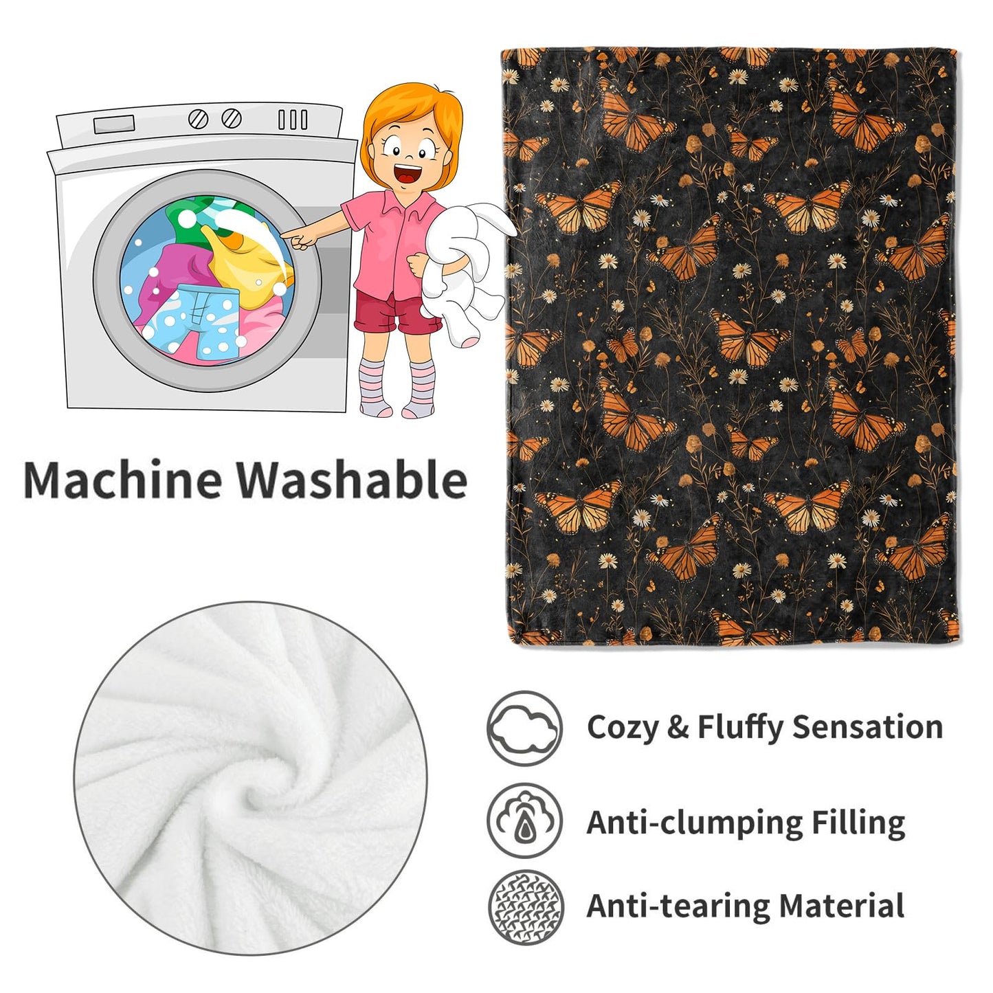 VODRM Butterfly Garden Blanket Floral Black Throw Blankets Gifts for Girls Women Adults Lightweight Soft Fleece Cozy for Sofa Couch Bed Room Travel Birthday Party Decor 50x60in