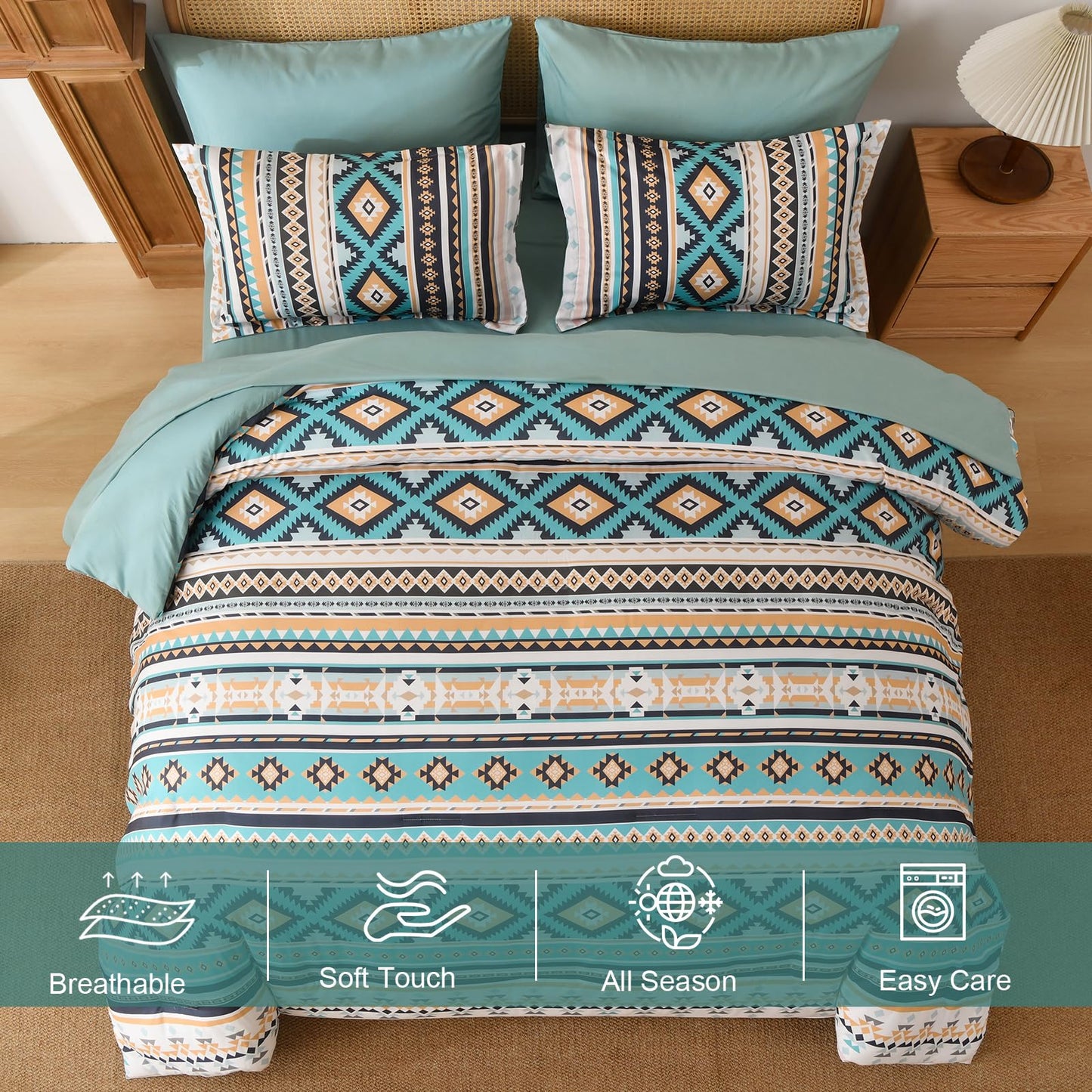 Dinjoy Turquoise Boho Comforter Set Queen Size,7 Pieces Bed in a Bag Queen Aztec Bedding with Sheets Bohemian Geometric Striped Complete Set for Spring Summer Fall Winter 90"x90"