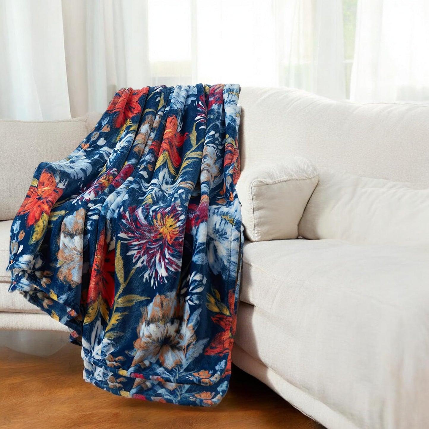 Serafina Home Floral Fleece Throw Blanket: Velvety Soft, Durable Blue Red Coral White Lavender Flower Design Accent for Bed or Couch Blue, Oversized 50 x 70 inches