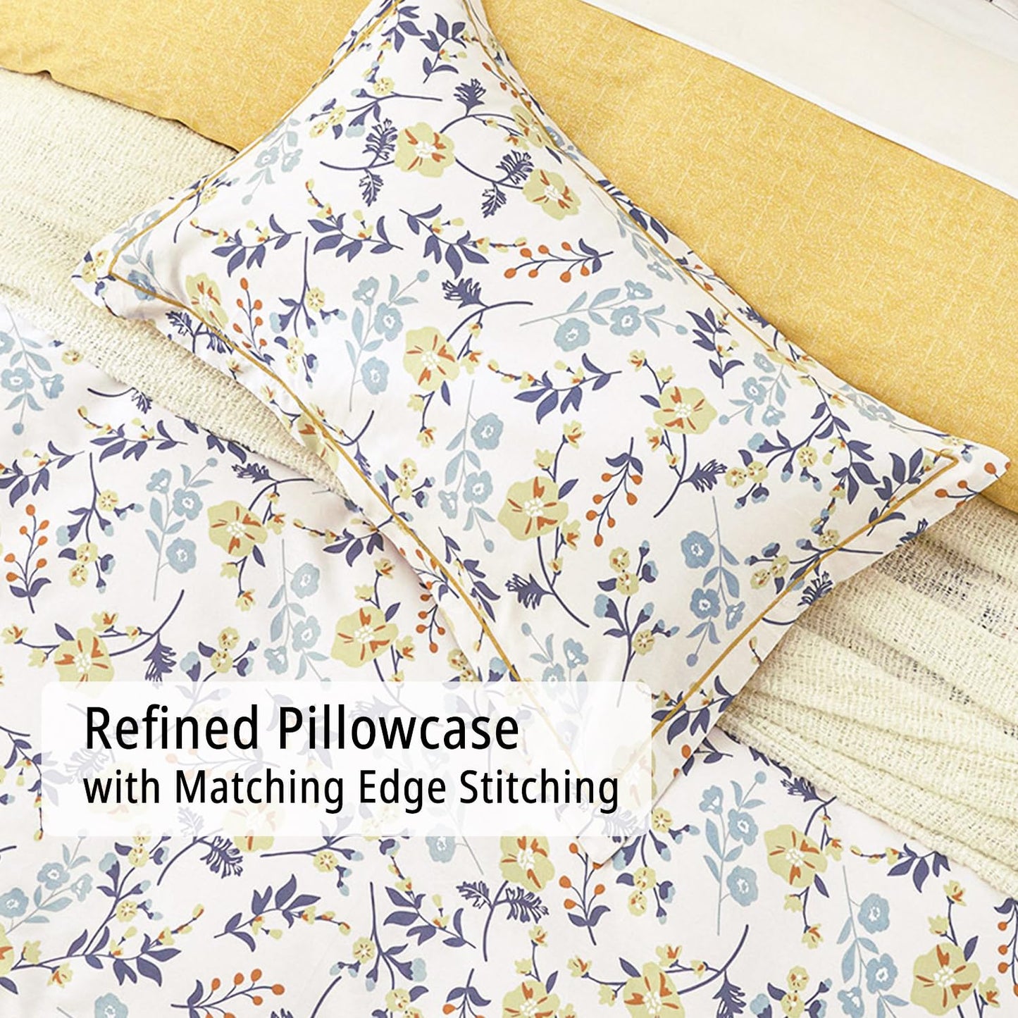 LEMIROE Yellow Floral Cotton Comforter King Size - Orange, Blue & Slate Gray Botanical Pattern on Off White, Reversible Design, 3PC Lightweight Bedding Set with Soft Alternative Fill (King)