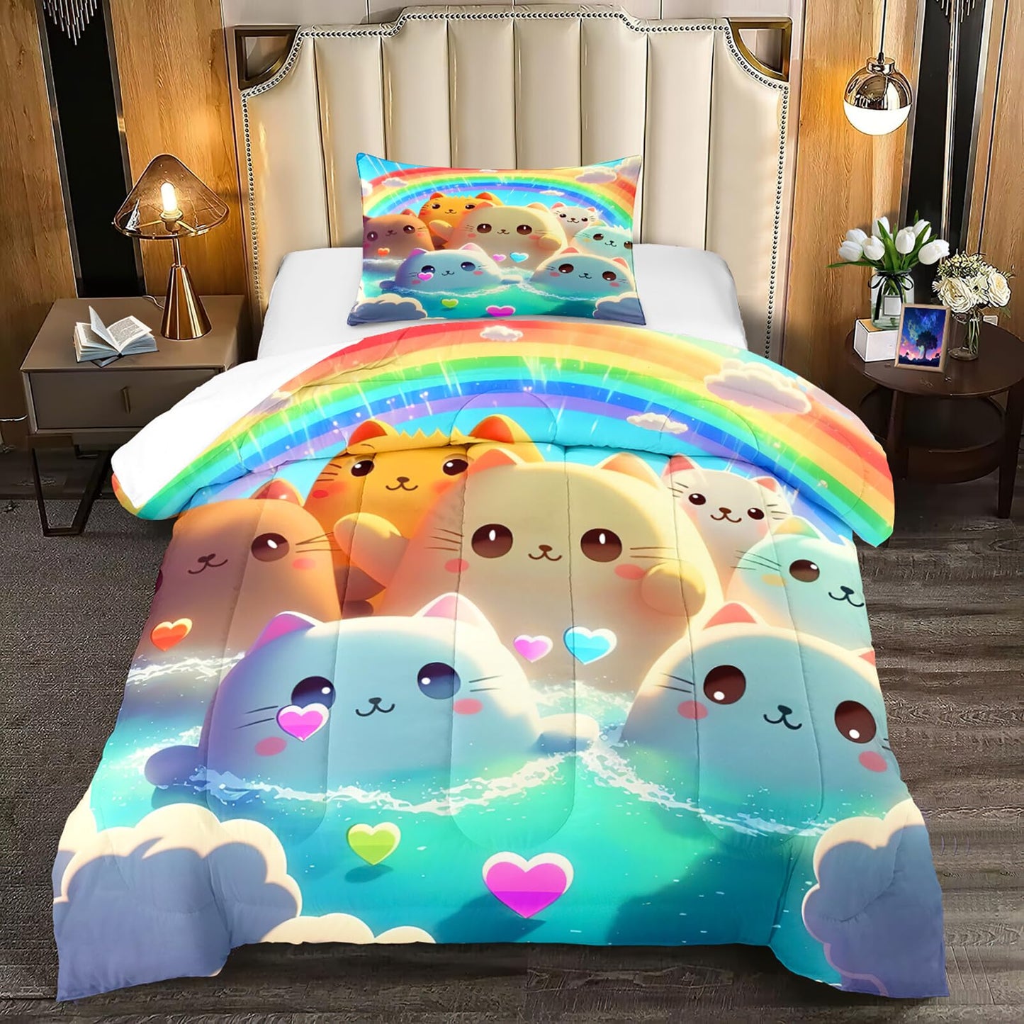 FJKJHKGJ Cat Comforter Set - Cartoon Cat Twin Bedding Set for Girls Cute Cat Rainbow Printed Kids Bedding Set for Girls Kids Teens All Season Kawaii Cat Twin Quilt Set, 1 Comforter+1 Pillowcase