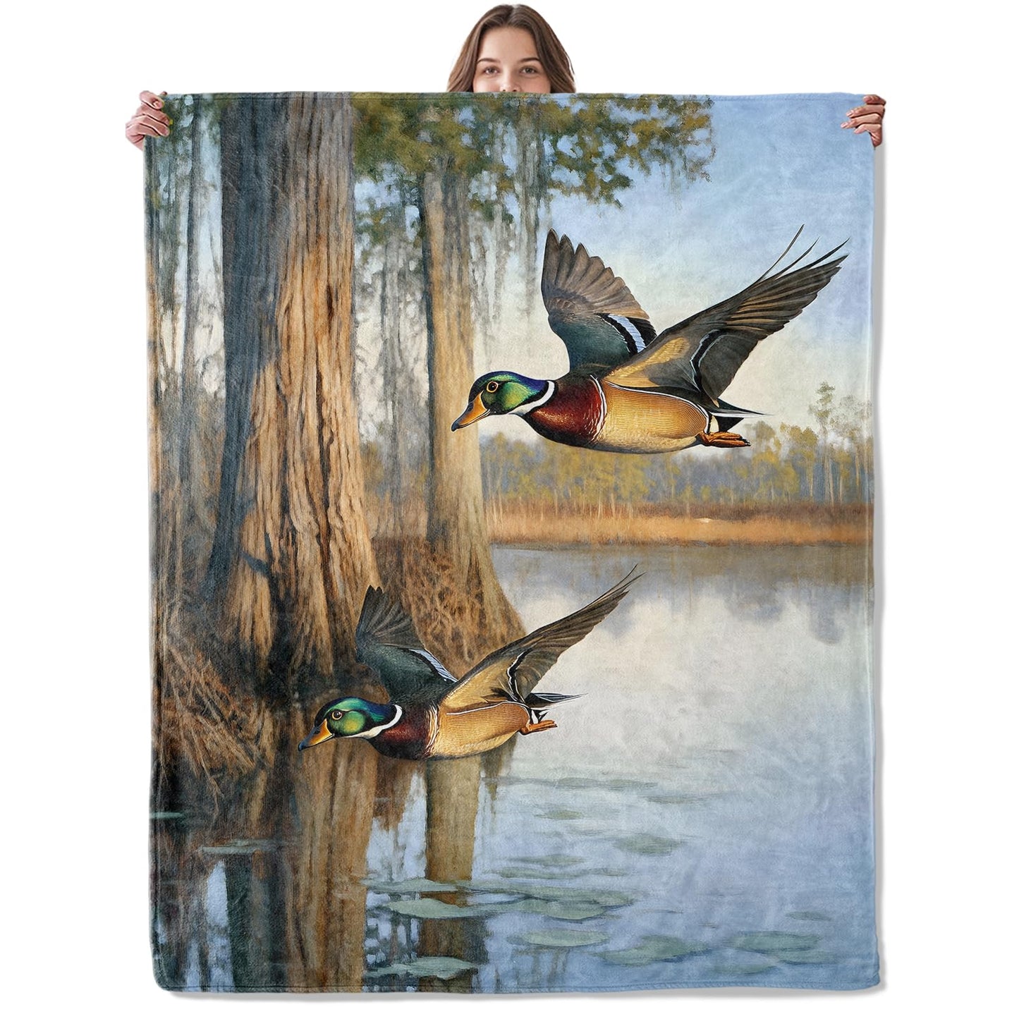 Lugiu Funny Duck Blanket, Lightweight Comfy Woodland Lake and Animal Throw for Couch Sofa Bedroom, Soft Cozy Travel Flannel Realistic Nature Blankets Gifts for Men Girls Boys Kids, Home Decor 60×50in