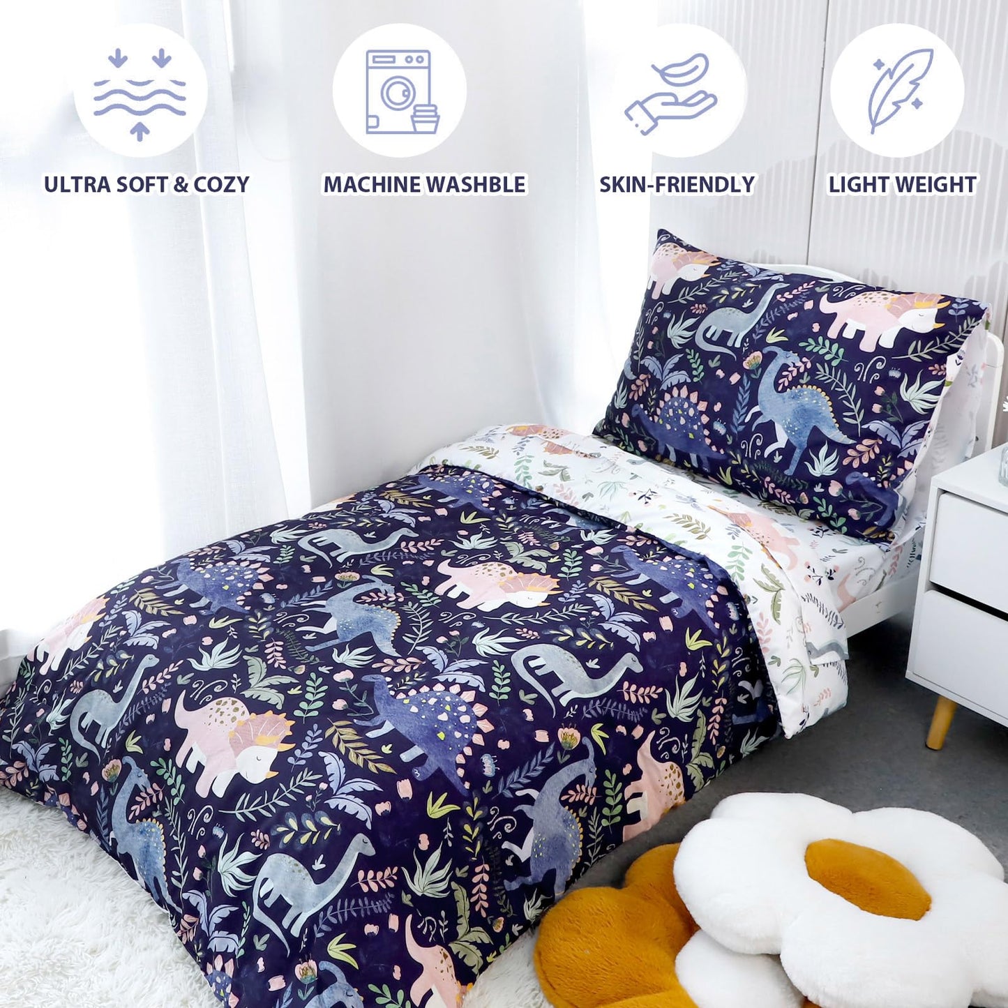 Pea Pod 4 Piece Dinosaur Toddler Bedding Set for Boys, Premium Blue Toddler Comforter Set Crib Sheets Set Includes Flat Top Sheet, Fitted Sheet, Comforter, Envelope Pillowcase,Ultra Soft