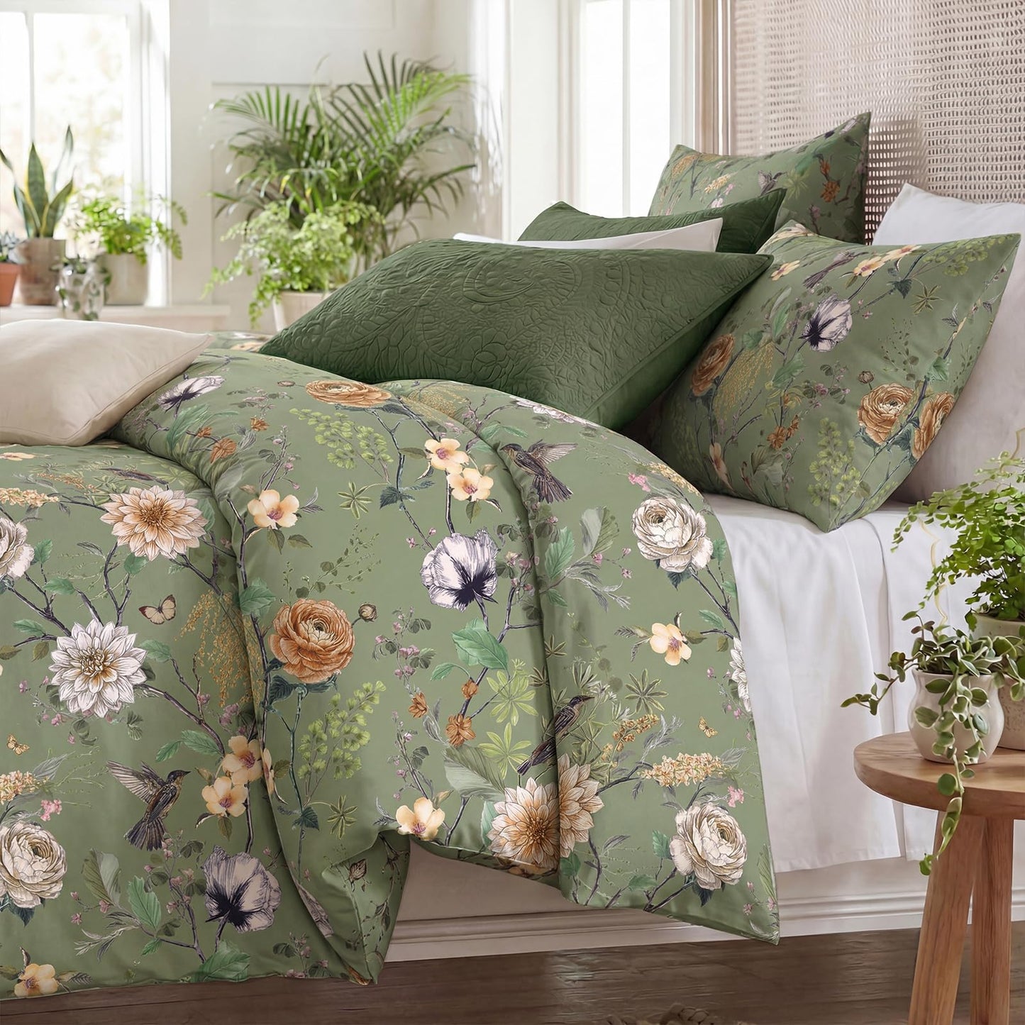 Bedorm 100% Cotton Floral Duvet Cover Queen Size - Green Floral Flower Print 3 Piece Bedding Set with Zipper Closure, Soft and Breathable, Includes 1 Duvet Cover and 2 Pillowcases