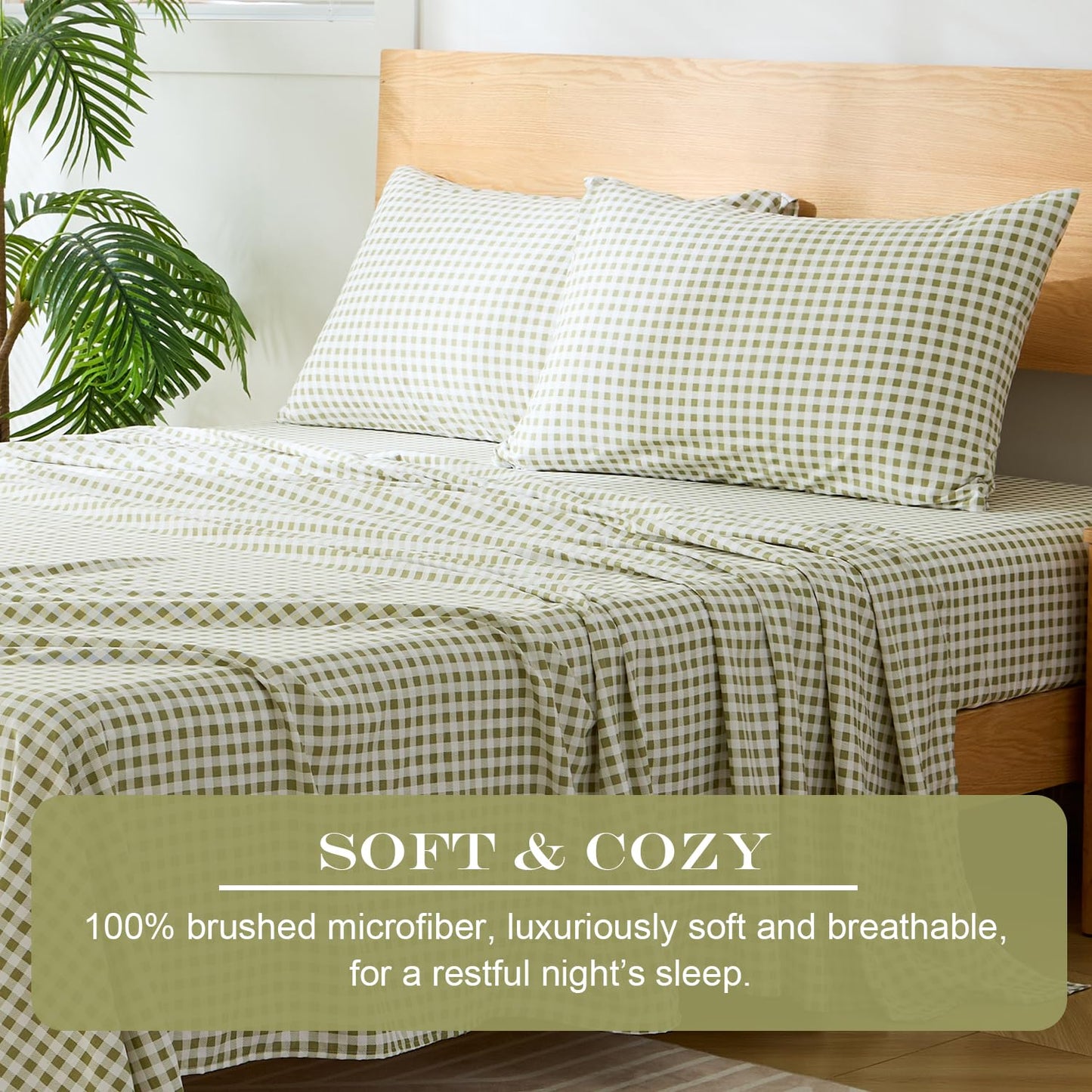 kisswish Sage Green Gingham Full Sheet Set, 4-Piece Soft Brushed Microfiber Bed Sheets - 16" Deep Pocket Fitted Sheet, Wrinkle & Fade Resistant, Hotel Luxury Bedding