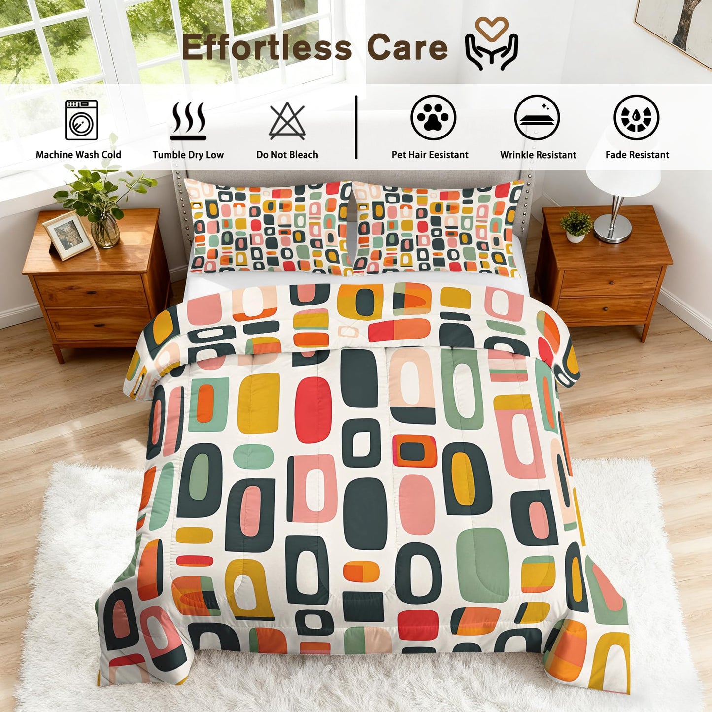 ZDABAOEC Mid Century Retro Queen Comforter Set 3 Piece, 2 Pillow Shams, Geometric Abstract 70s Reversible Down Alternative All Season Bedding, Soft Microfiber, Retro Bedroom Decor