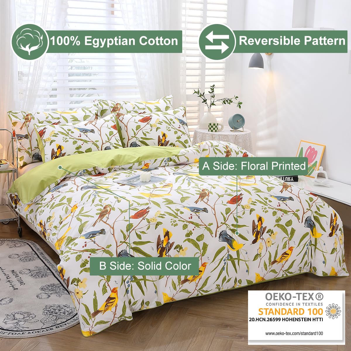 URBONUR Birds Duvet Cover Set Twin Size, 100% Cotton Cute Bird Comforter Fall Leaf Printed Bedding Set for Kids Children, Breathable Duvet Cover Sets Bedding 3 Pc