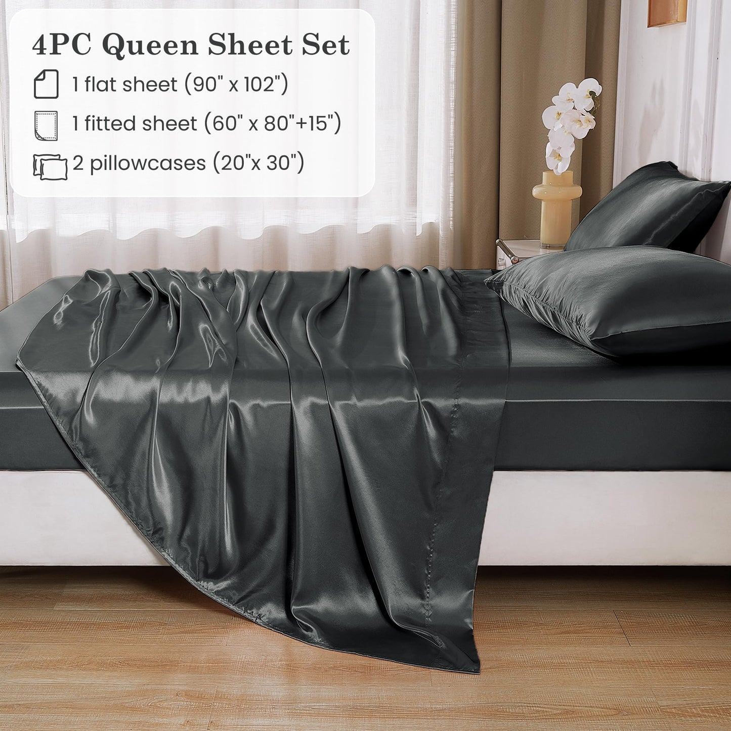 lasoftan Silk Satin Queen Sheets Set, Silky Fitted Bed Sheets with 15" Deep Pocket and Non-Slip Corner Straps, Luxury Hotel Satin Sheets Queen Size, Grey Summer Cooling Sheets & Pillowcase Set