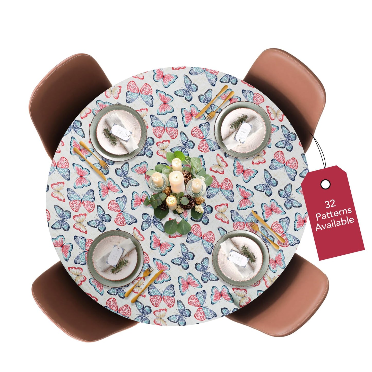 Covers For The Home Deluxe Elastic Edged Flannel Backed Vinyl Fitted Table Cover - Butterfly Pattern - Large Round Oblong Oval - Fits Tables up to 45" - 56" Diameter