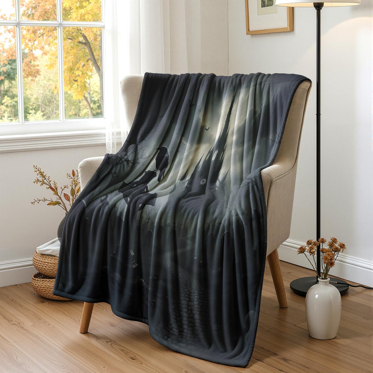 GEDAEUBA Halloween Blanket Soft - Gothic Crow Bat Castle Grave Fleece Blanket Full Size, Soft Cozy Blankets & Throws for Couch, Bed, and Sofa, 84x90 inches