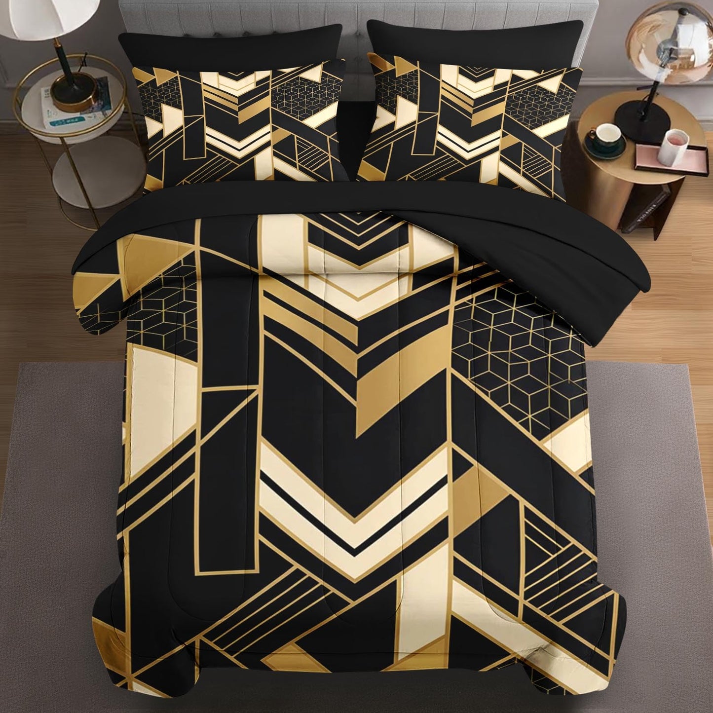 WeCozy Full Size Comforter Set with 2 Pillowcases & 2 Shams, Geometric Gold Black 7 Pcs Bedding Set for Kids and Adults, Modern Abstract Bed in a Bag with Flat Sheet and Fitted Sheet
