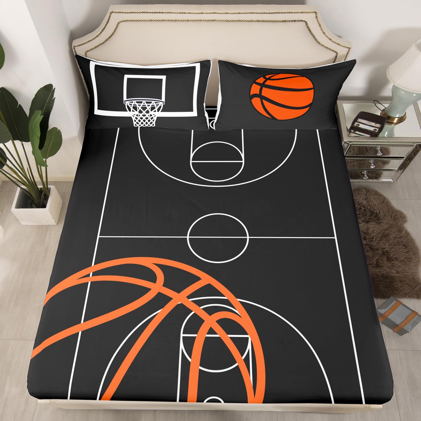 Basketball Court Print Fitted Sheet Set Full Size 4Pcs,Ball Sports Games Themed Bedding Set(1 Fitted,1 Flat,2 Pillows),Orange Basketball and Hoop Deep Pocket Bed Sheets for Girls Teens Room