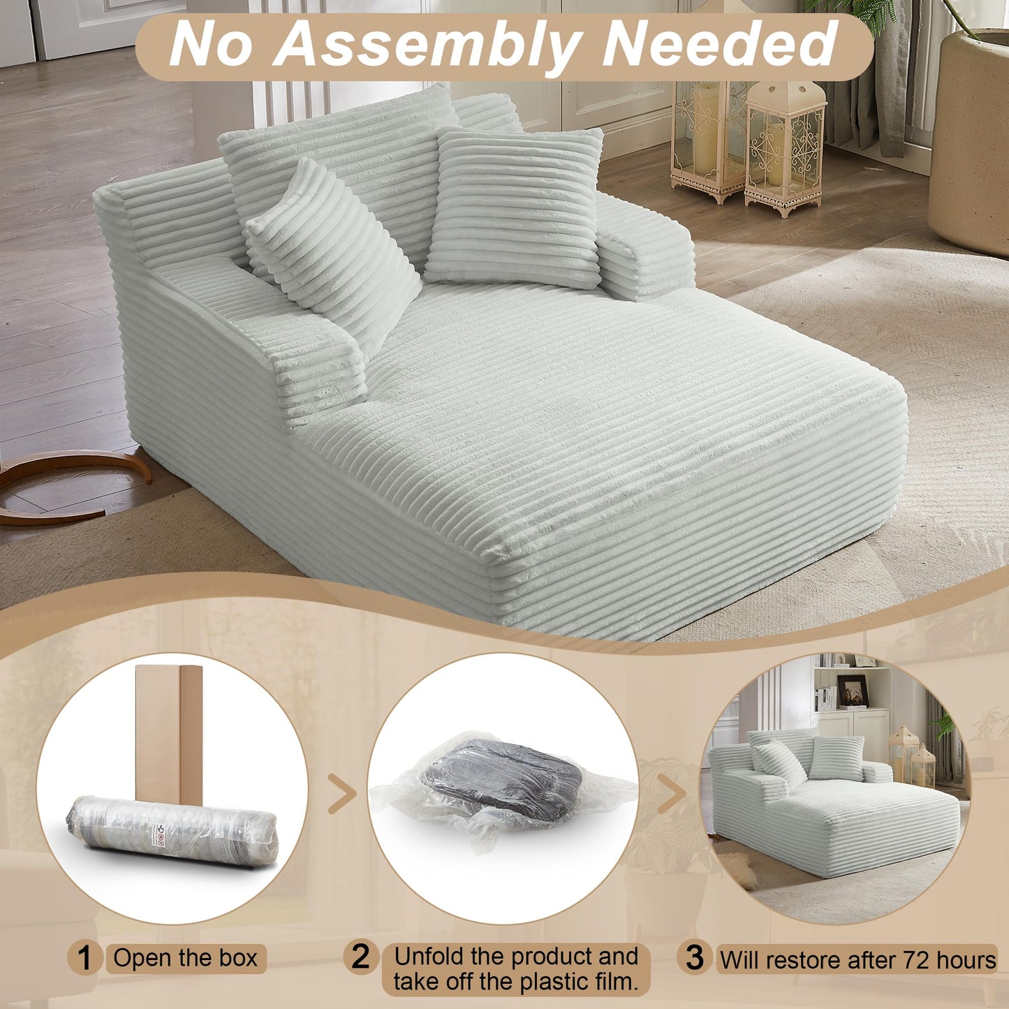KEIKI 67" Oversized Chaise Lounge Sofa Chair, Corduroy Cloud Sleeper Couch with Deep Seat Comfort, Boneless Lounge Sofa for Reading Nook, Home Office & Relaxing, Modern Futon Couch for Apartments