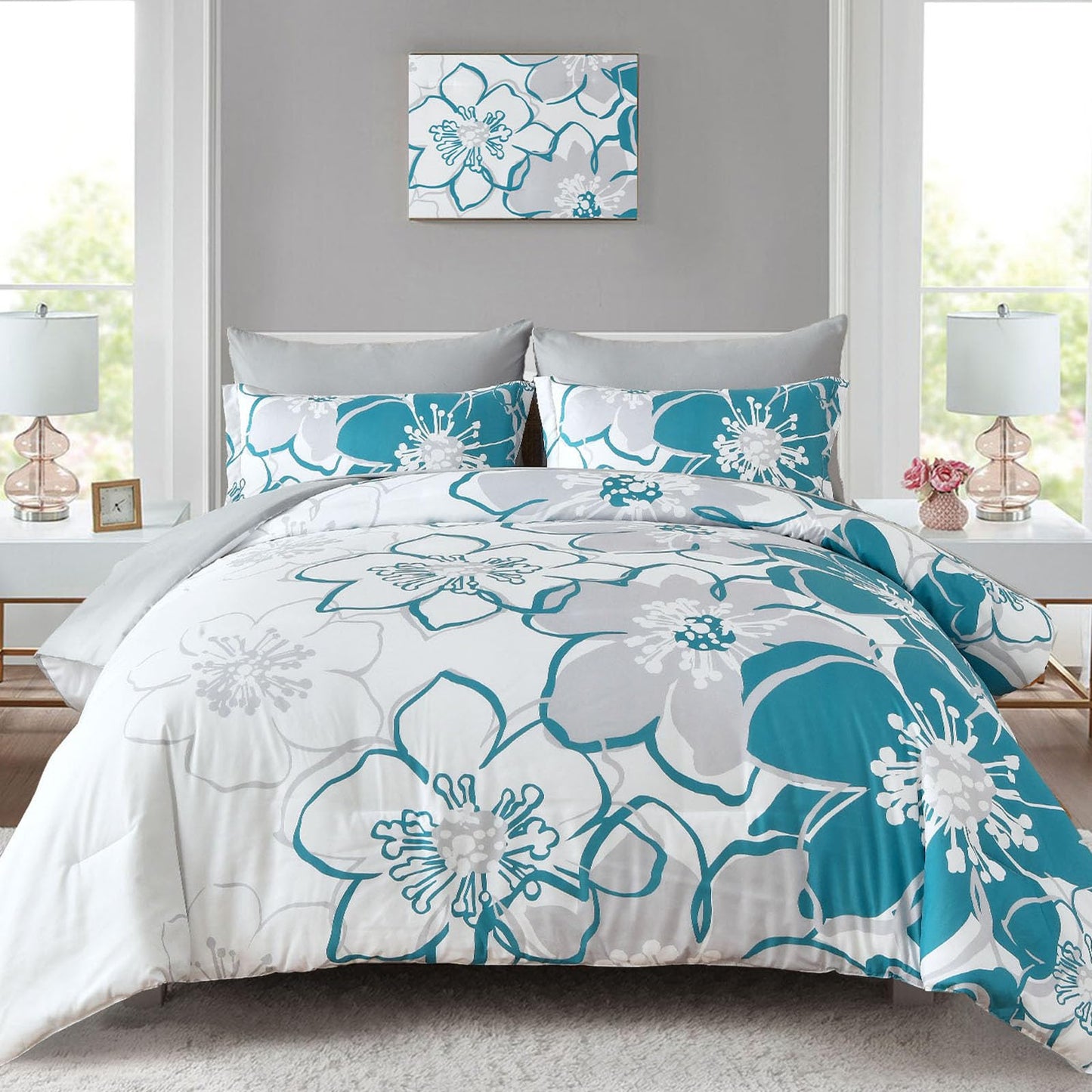 Anibedding Teal Floral Comforter Set Queen Size 7 Piece, Teal Blue Flower Bed in a Bag, Elegant Botanical Floral Comforter Soft Microfiber Complete Bedding Set for All Season, (Teal, 90"x90")