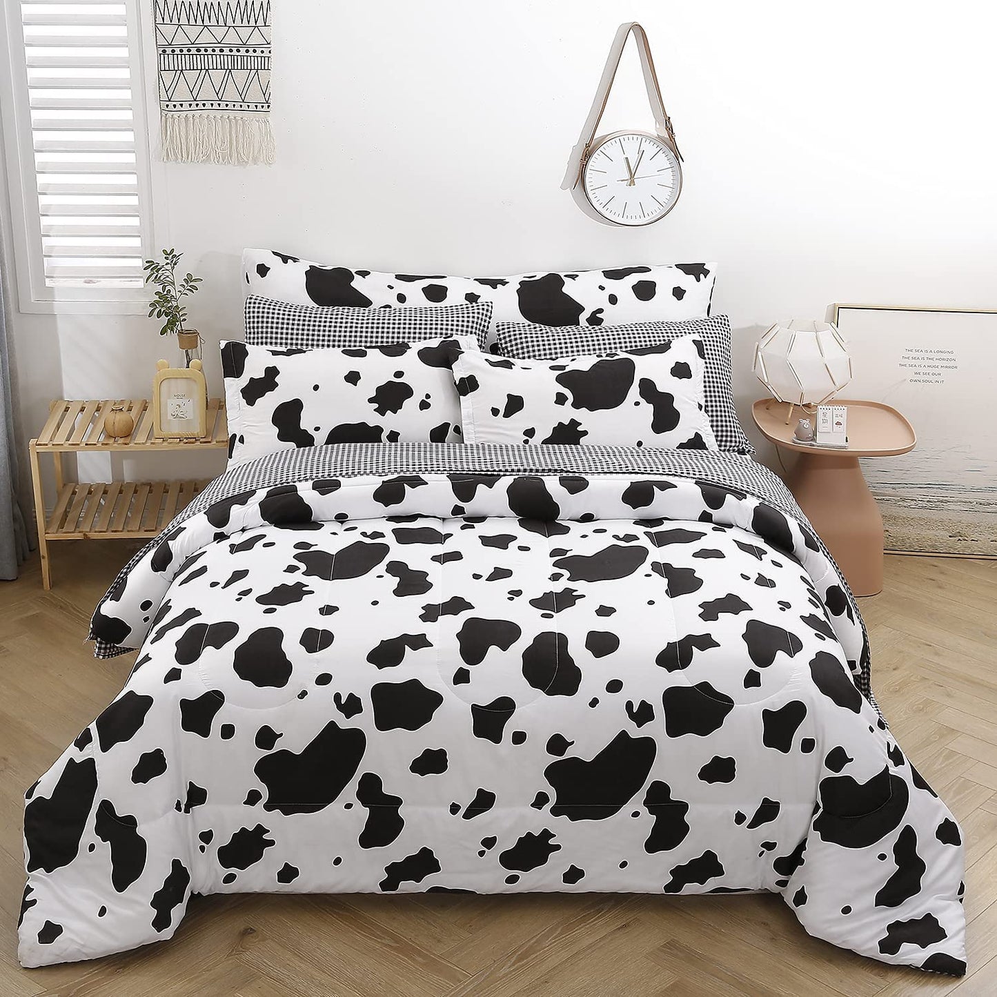 SUCSES Cow Print Full Size Comforter Sets, 8 Pieces Bed in A Bag Comforter Set with Sheets, Black and White Bedding Set for Kids Teens Boys Girls, Animal Print Cute Kid Full Size Bedding