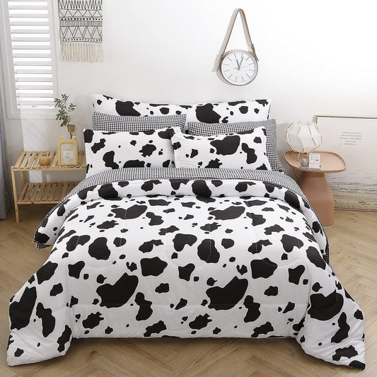SUCSES Cow Print Full Size Comforter Sets, 8 Pieces Bed in A Bag Comforter Set with Sheets, Black and White Bedding Set for Kids Teens Boys Girls, Animal Print Cute Kid Full Size Bedding