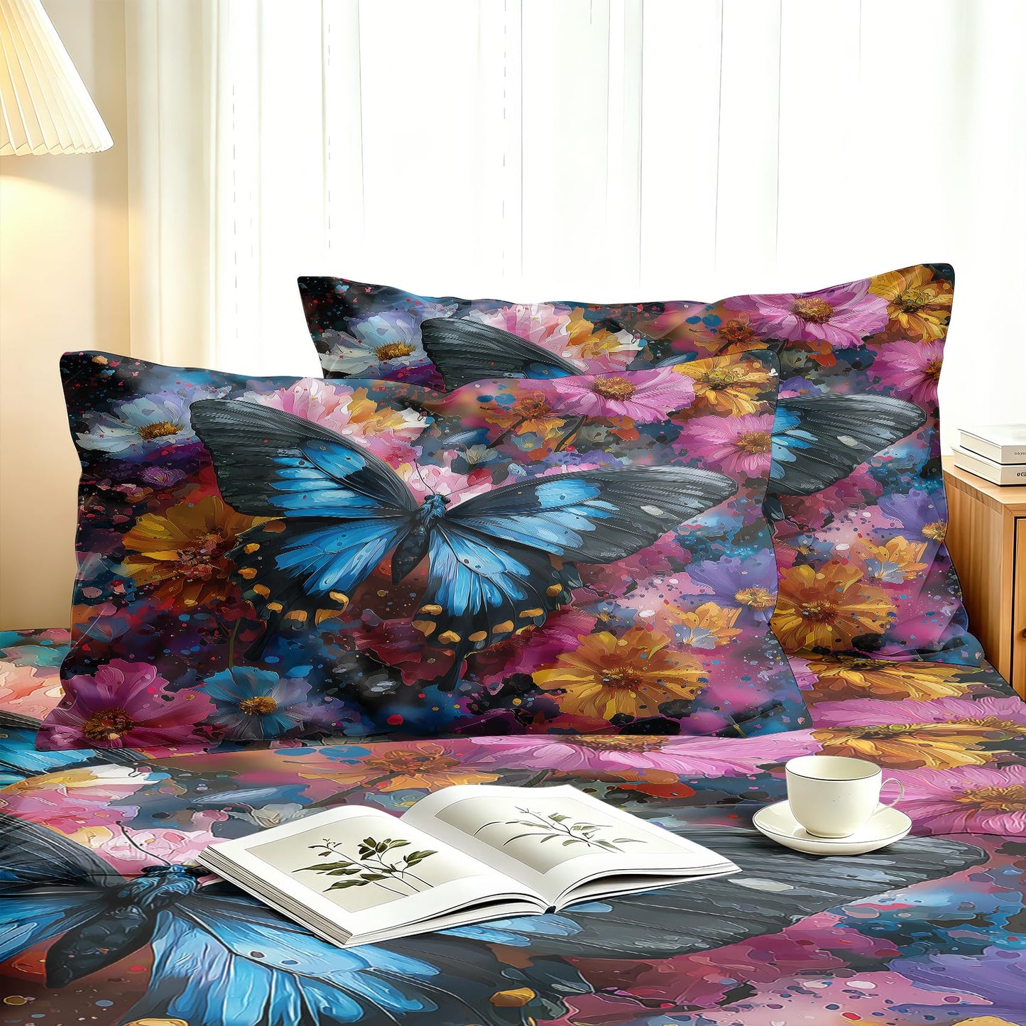 Blue Butterfly Queen Sheet Set Girls Floral Flat Fitted Sheet Sets
