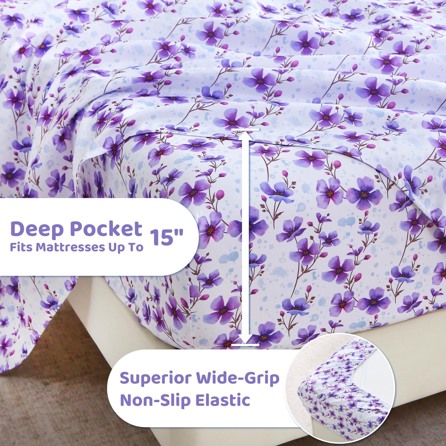 Mooreeke Cozy Floral Microfiber Printed Full Sheet Set - Soft & Breathable Purple Floral Bed Sheets with Deep Pocket - Non-Slip Fitted Design - Purple Flowers Pattern - Full