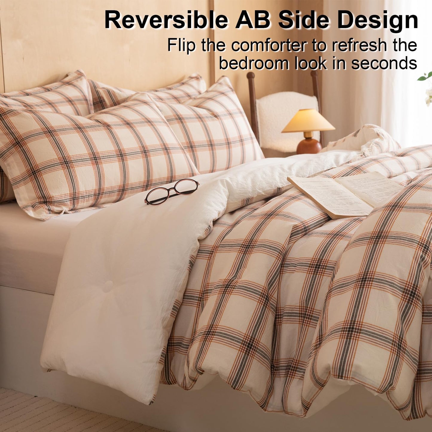 LLanCL Cotton Plaid Comforter Set Queen Size,100% Cotton Cover with Polyester Fill,Ultra Soft,Breathable,Lightweight Bedding for All Seasons,1 Comforter 90"x90" & 2 Pillow Shams 20"x26"(Beige)