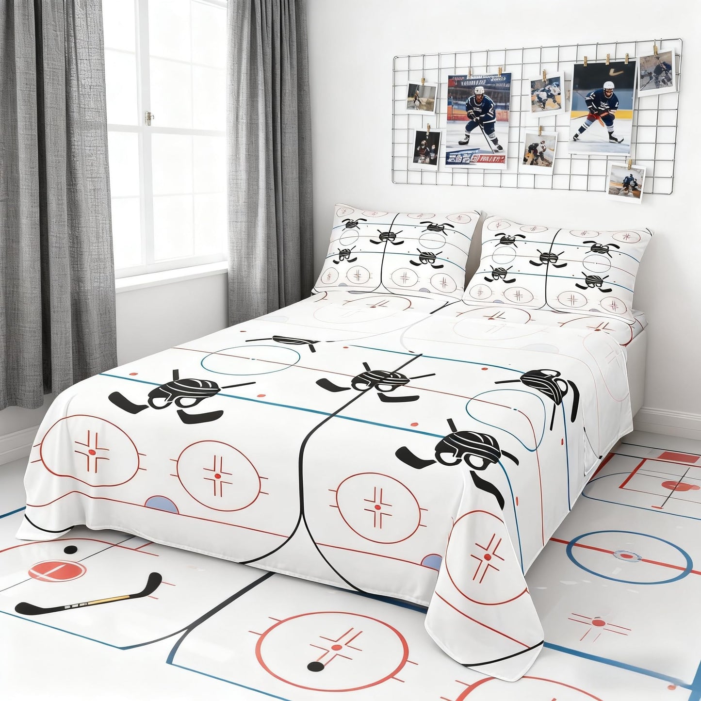 Hockey Stadium Kids Sheet Full Size,Ice Hockey Rink Bedding Set for Boys Girls Adults,Winter Event Sports Lovers Abstract Vivid White Bed Sheet Set 4pcs(Fitted Sheet + Flat Sheet + 2 Pillowcases)