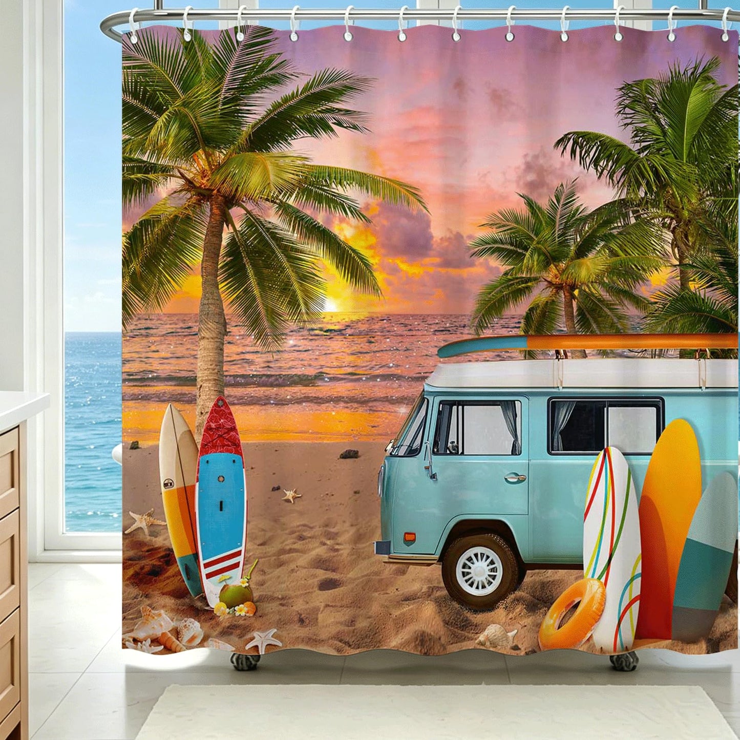 Tropical Beach Ocean Shower Curtain, Beach Palm Tree Summer Bathroom Decor Bath Curtain, Waterproof Hawaii Coastal Surfboard Tour Bus Bath Curtain, 72 X 72 Inch (Orange, 72"W x 72"L (Pack of 1))