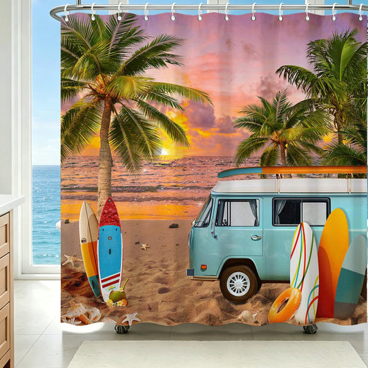 Tropical Beach Ocean Shower Curtain, Beach Palm Tree Summer Bathroom Decor Bath Curtain, Waterproof Hawaii Coastal Surfboard Tour Bus Bath Curtain, 72 X 72 Inch (Orange, 72"W x 72"L (Pack of 1))