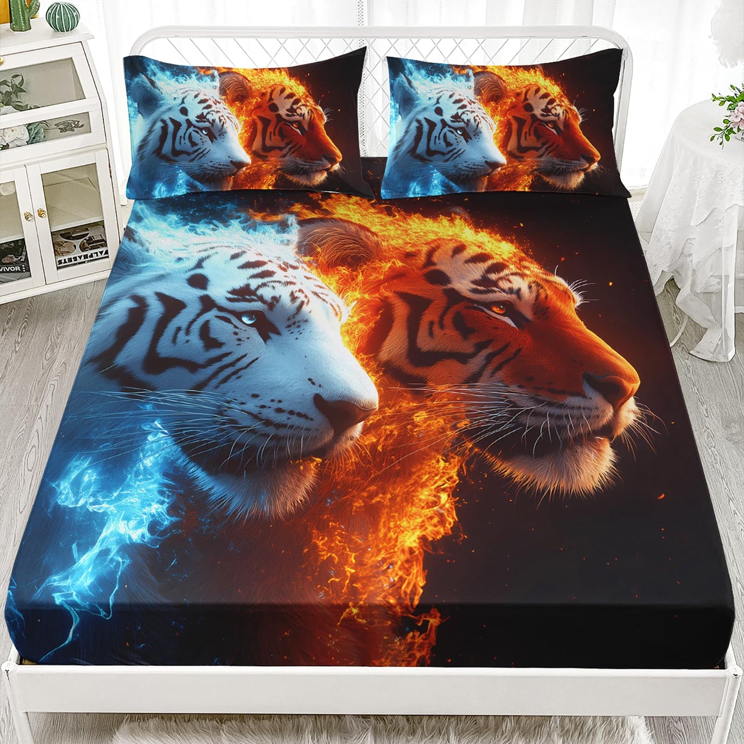 AILONEN Red Blue Fire Tiger Fitted Sheet Set Queen,Forest Wild Animal Deep Pocket Sheets with 2 Pillowcases,3D Tigers Printed Black Bed Sheet Set for Boys Girls,3-Piece