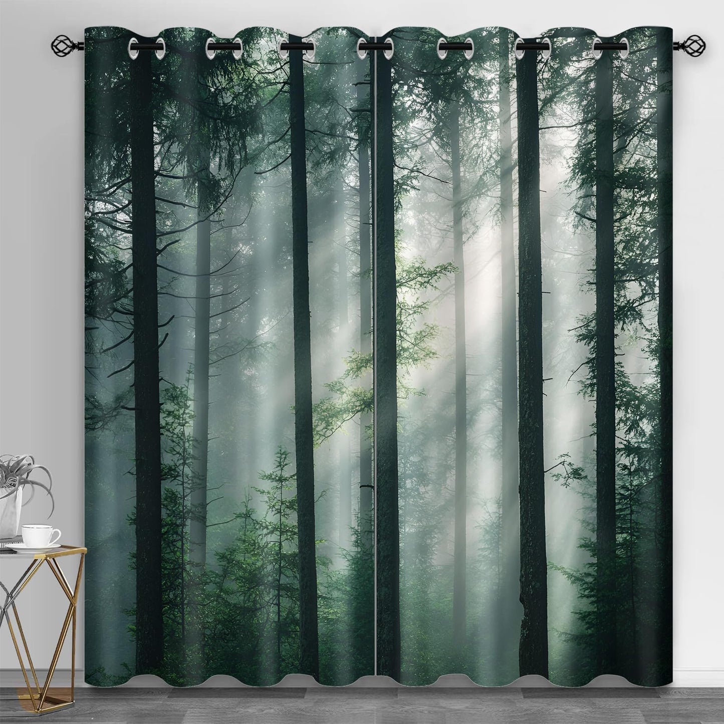 XAFIAUR Misty Forest Blackout Curtains, Green Forest Curtains for Living Room, Natural Landscape Black Out Bedroom Curtain Thermal Insulated Grommet Drapes 2 Panels, for Boys Room 26" W x 63" L x2