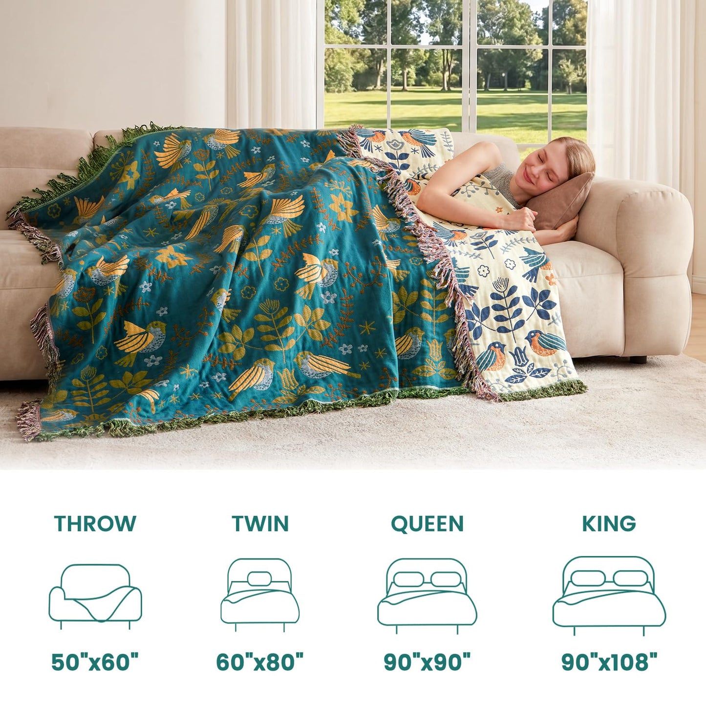 MSGKV Boho Throw Blanket 100% Cotton Blankets for Bed Couch 60"x80", Summer Breathable Farmhouse Bird Blankets Quilt Muslin Home Decor